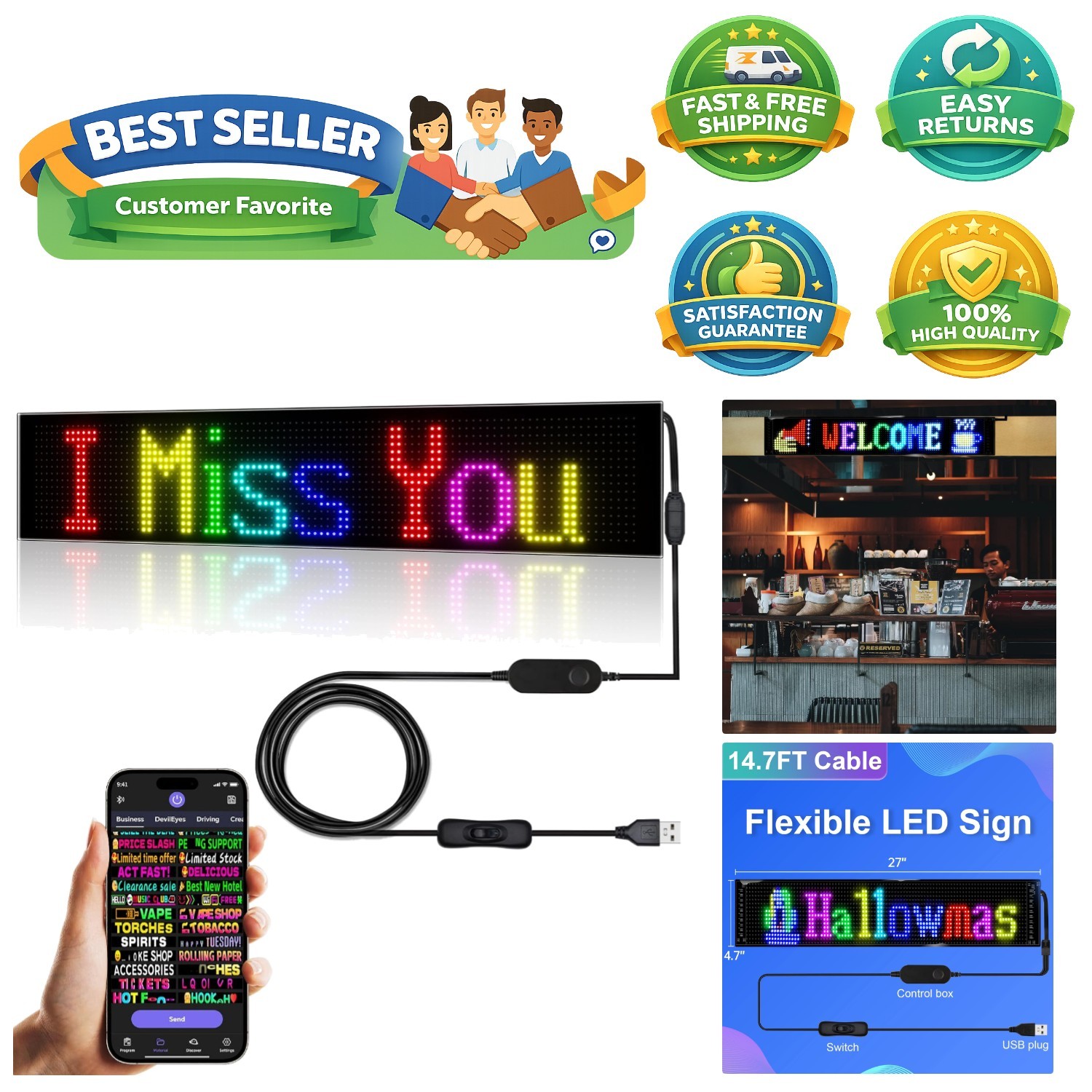 Versatile 27″ Scrolling LED Sign with Bluetooth Control for Stylish Promotion