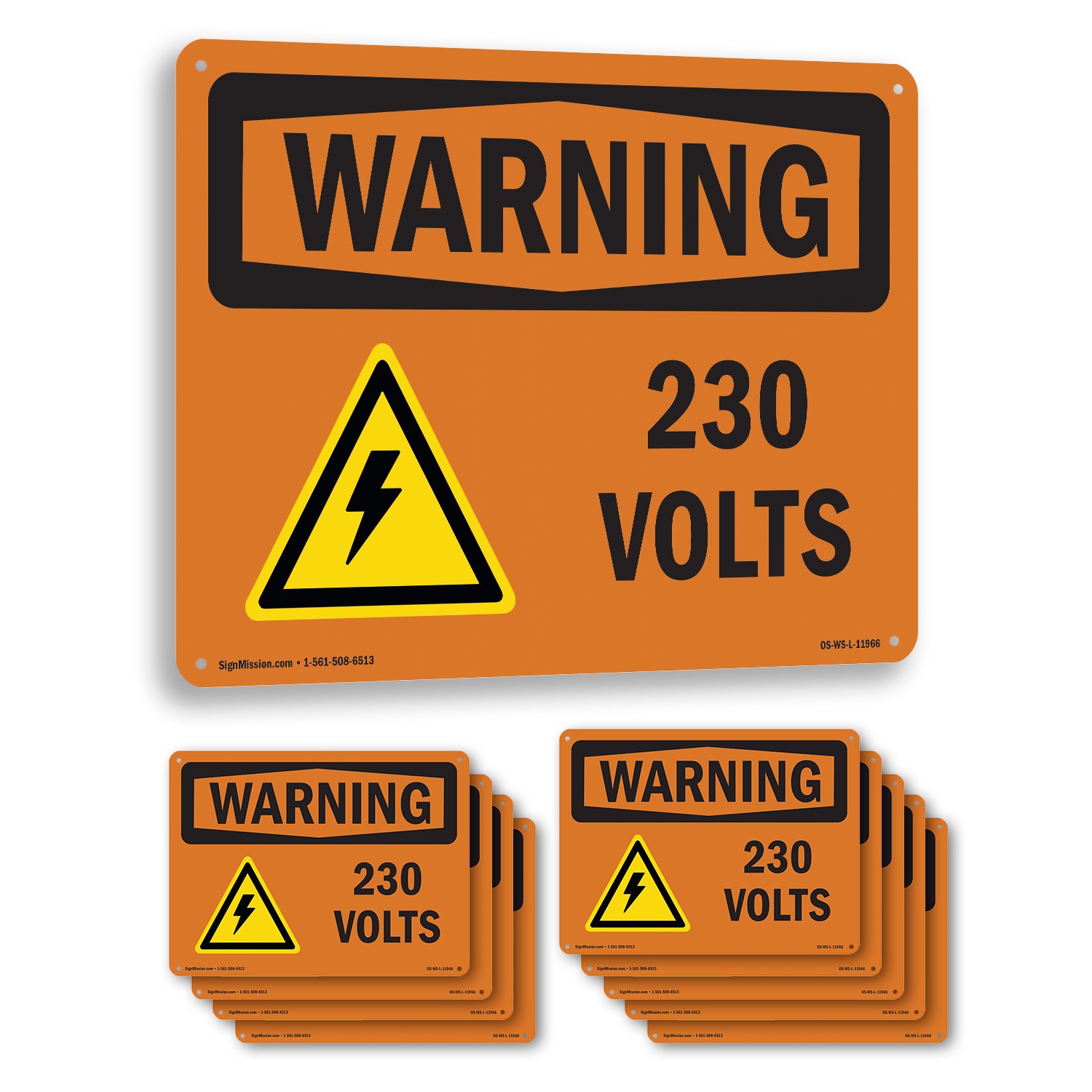 230 Volts With Symbol OSHA WARNING Sign Metal, Plastic, Or Decal – 5 or 10 Pack