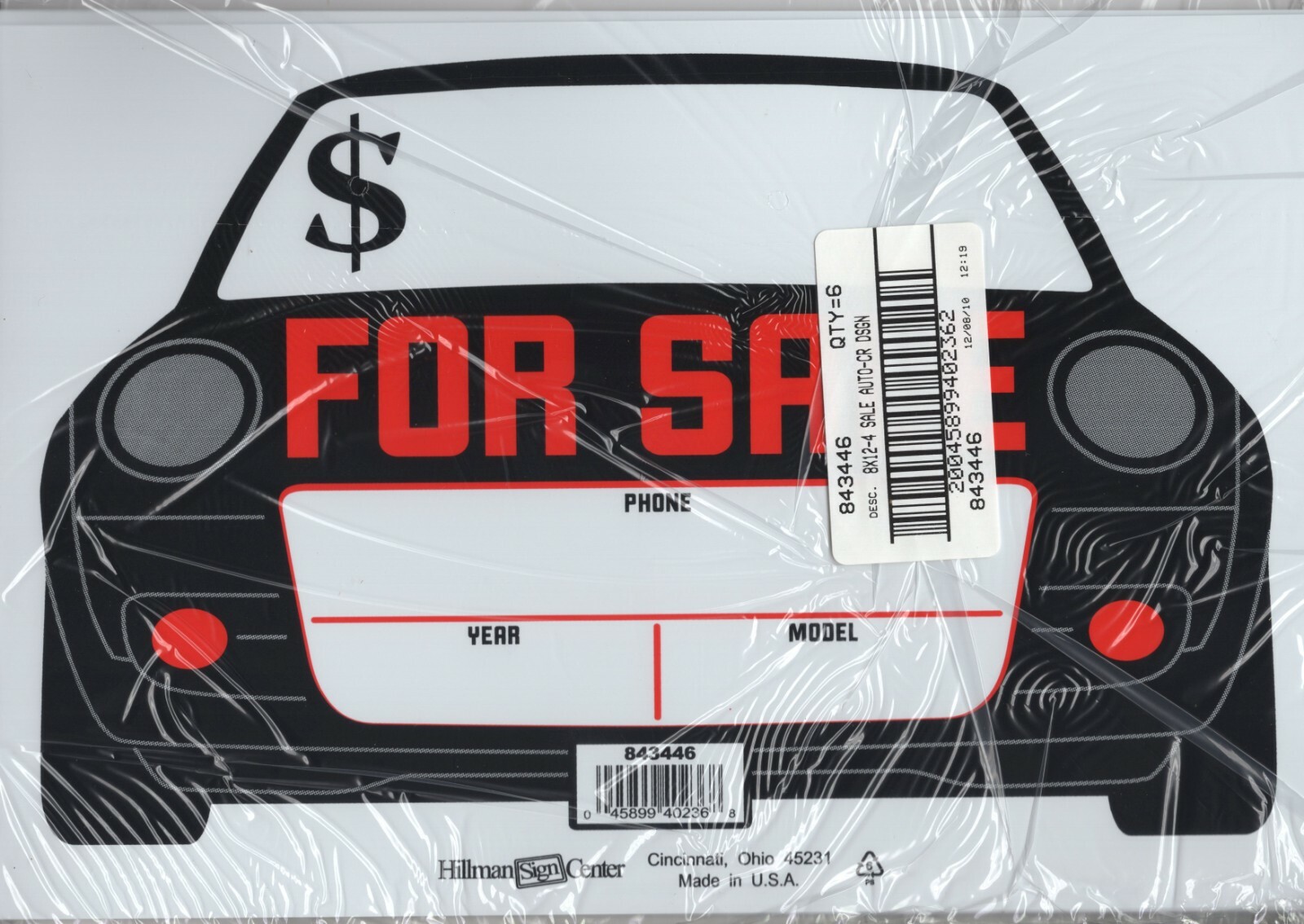 For Sale Auto Car Design – Write-in Spaces – 8″ x 12″ Plastic – Pack of 6 Signs