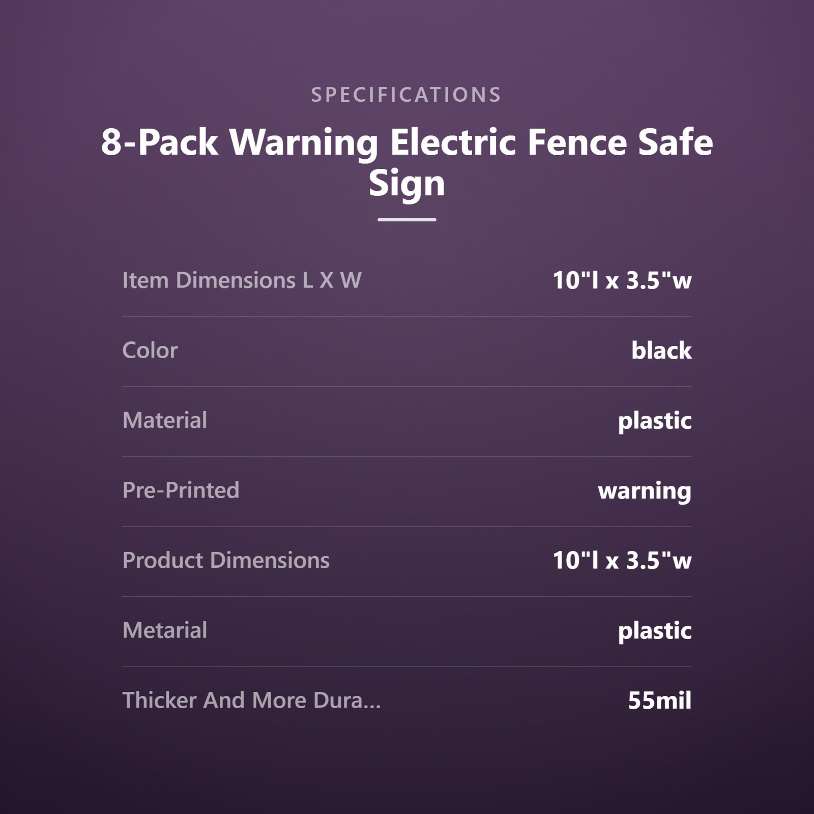 8-Pack Warning Electric Fence Safe Sign, 10″x 3.5″ Plastic Sign