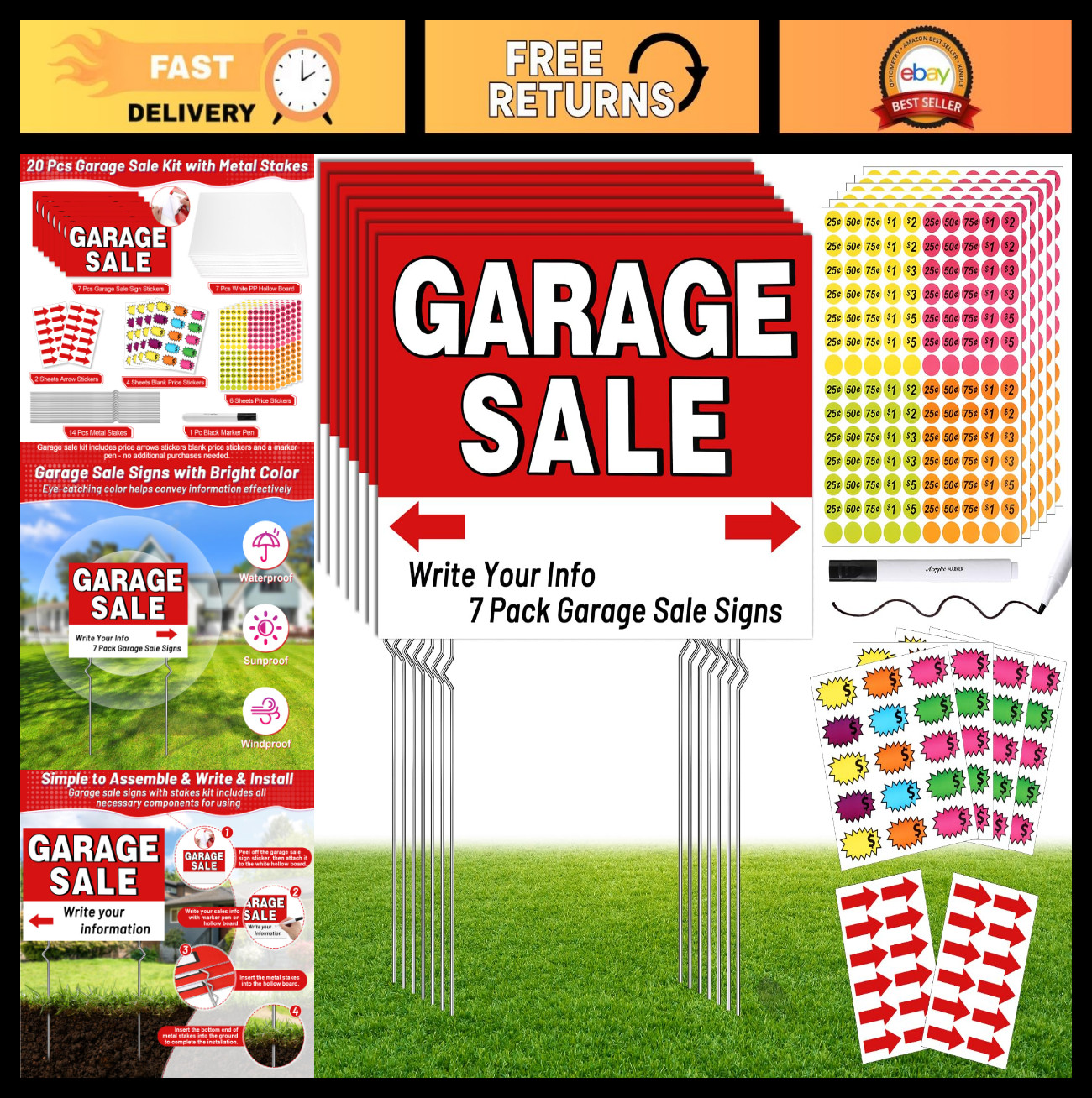 20 Pcs Garage Sale Sign Kit – 17×13 Red Yard Signs, Metal Stakes, Price Stickers