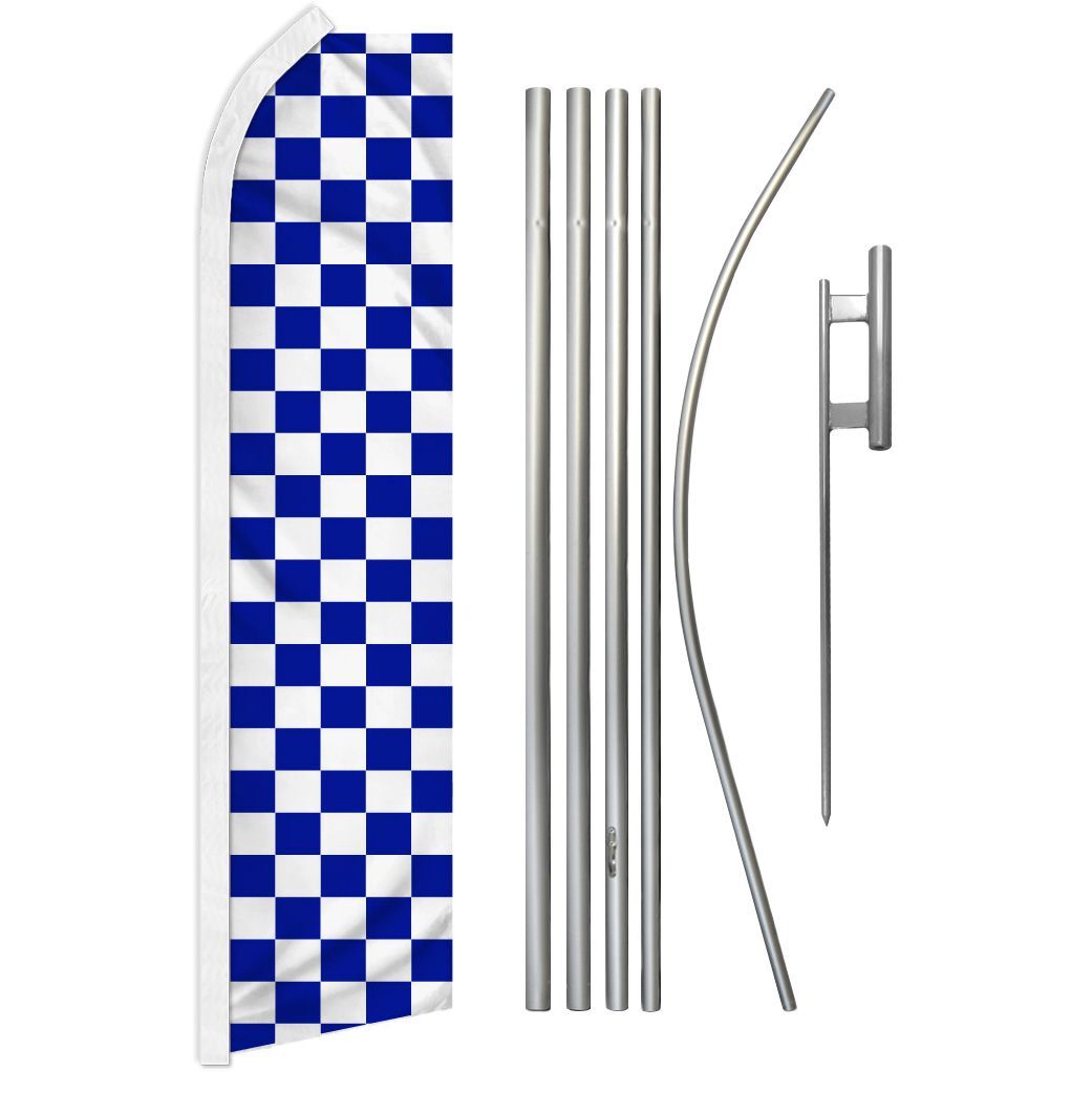 “BLUE & WHITE CHECKER” Advertising Super Flag & Pole Kit checkered check