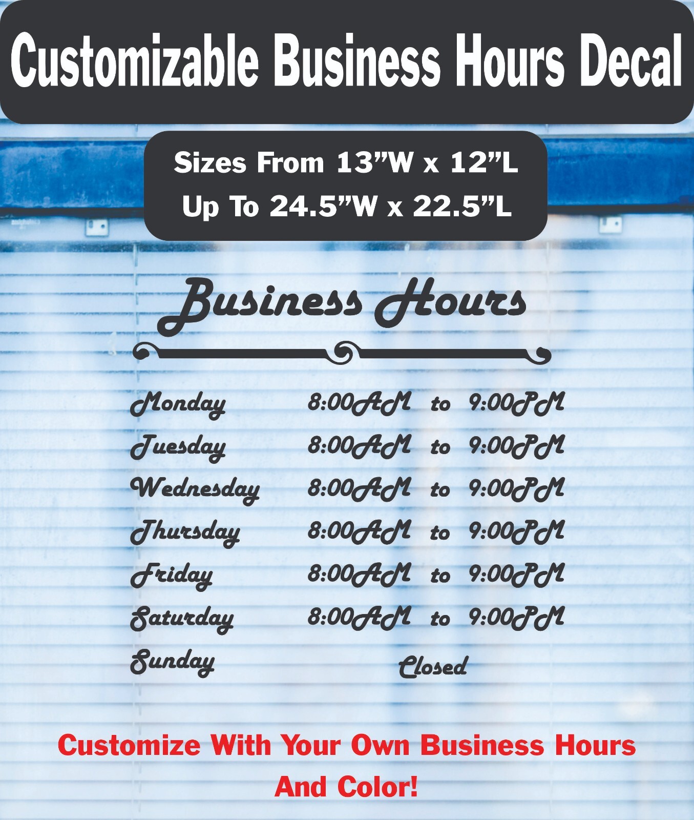 Retro Business Hours Decal Customizable Hours & Colors +Custom Sizes Window/Door