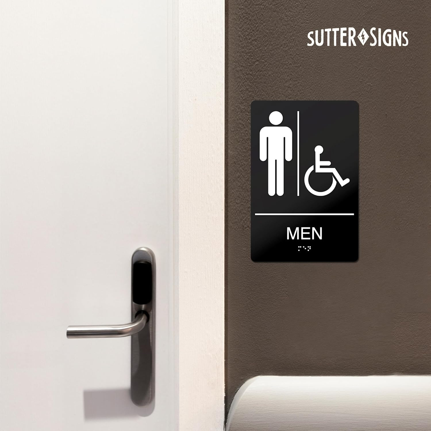 ADA Compliant Men’s Room Sign – Self-Adhesive ABS Plastic Braille Sign – 9″ x 6″