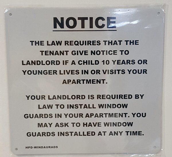 NYC WINDOW GUARD SIGN (7X10 , WHITE,ALUMINUM)-REF24-1027
