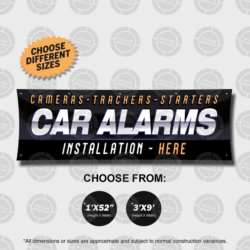 CAR ALARMS CAMERAS STARTERS TRACKERS Banner Sign Display Auto Custom Sound Amp