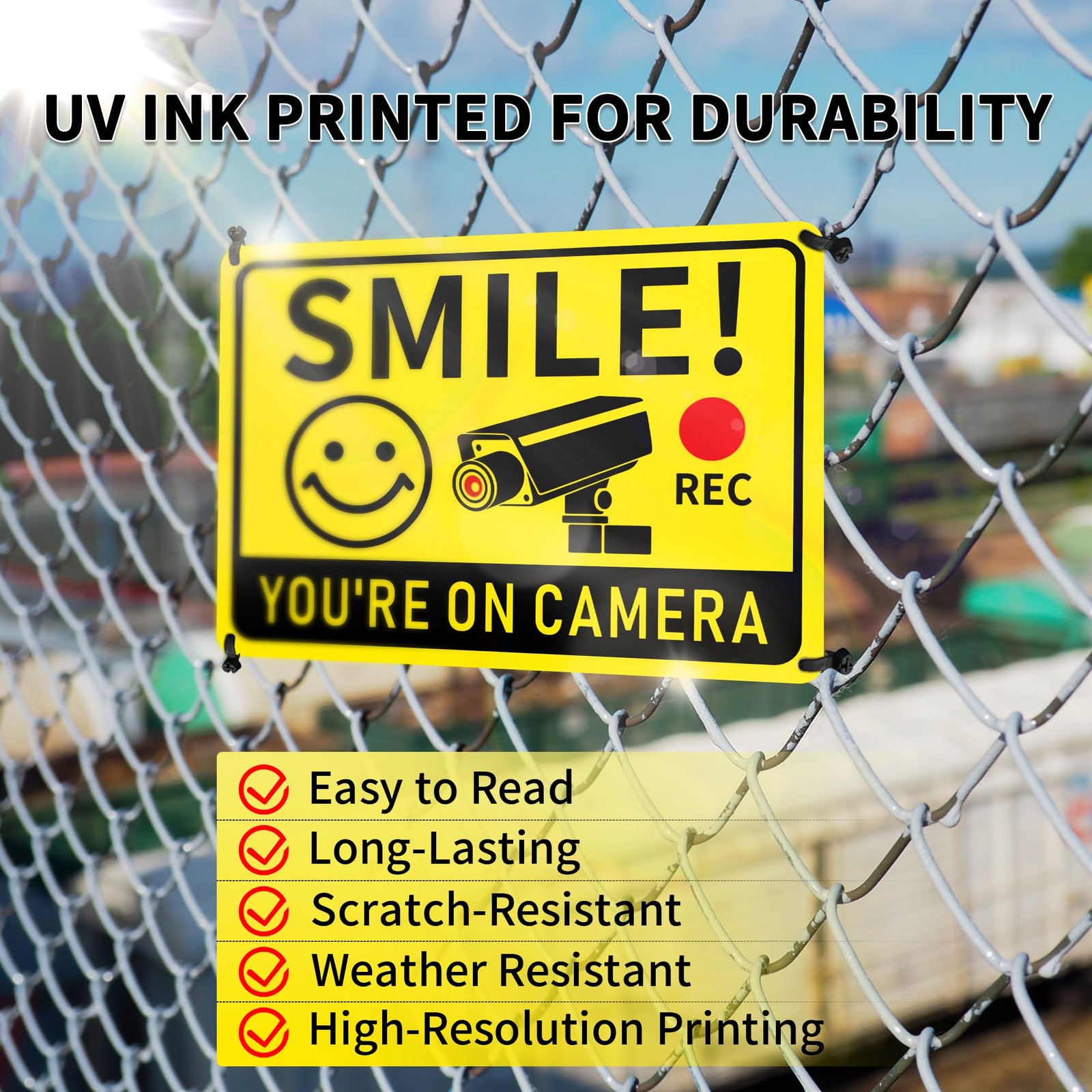2 Pack Smile You’re on Camera Signs Aluminum Video Surveillance Signs 10×7 Inch