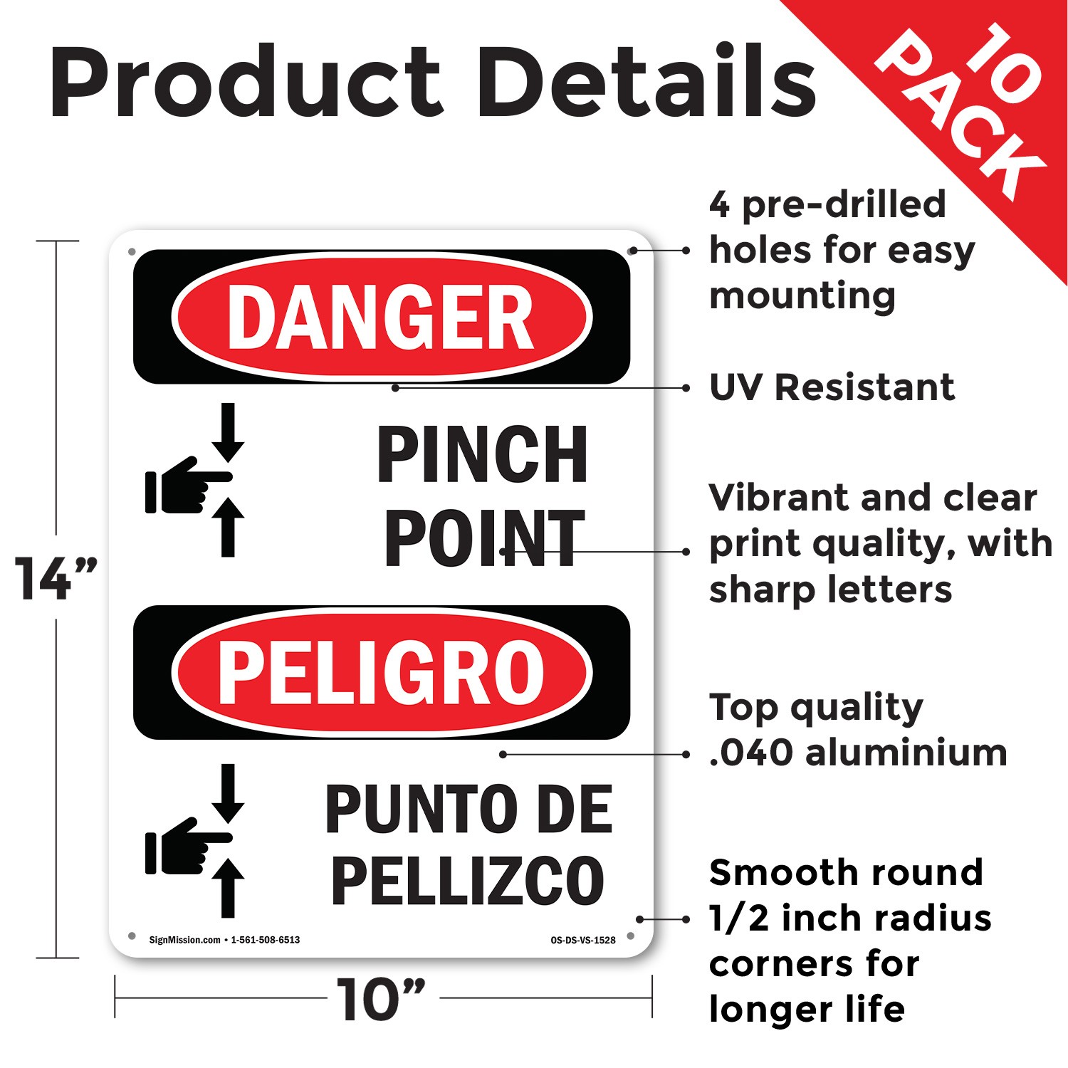 Pinch Point Bilingual OSHA Danger Sign Metal, Plastic, Or Decal – 5 or 10 Pack