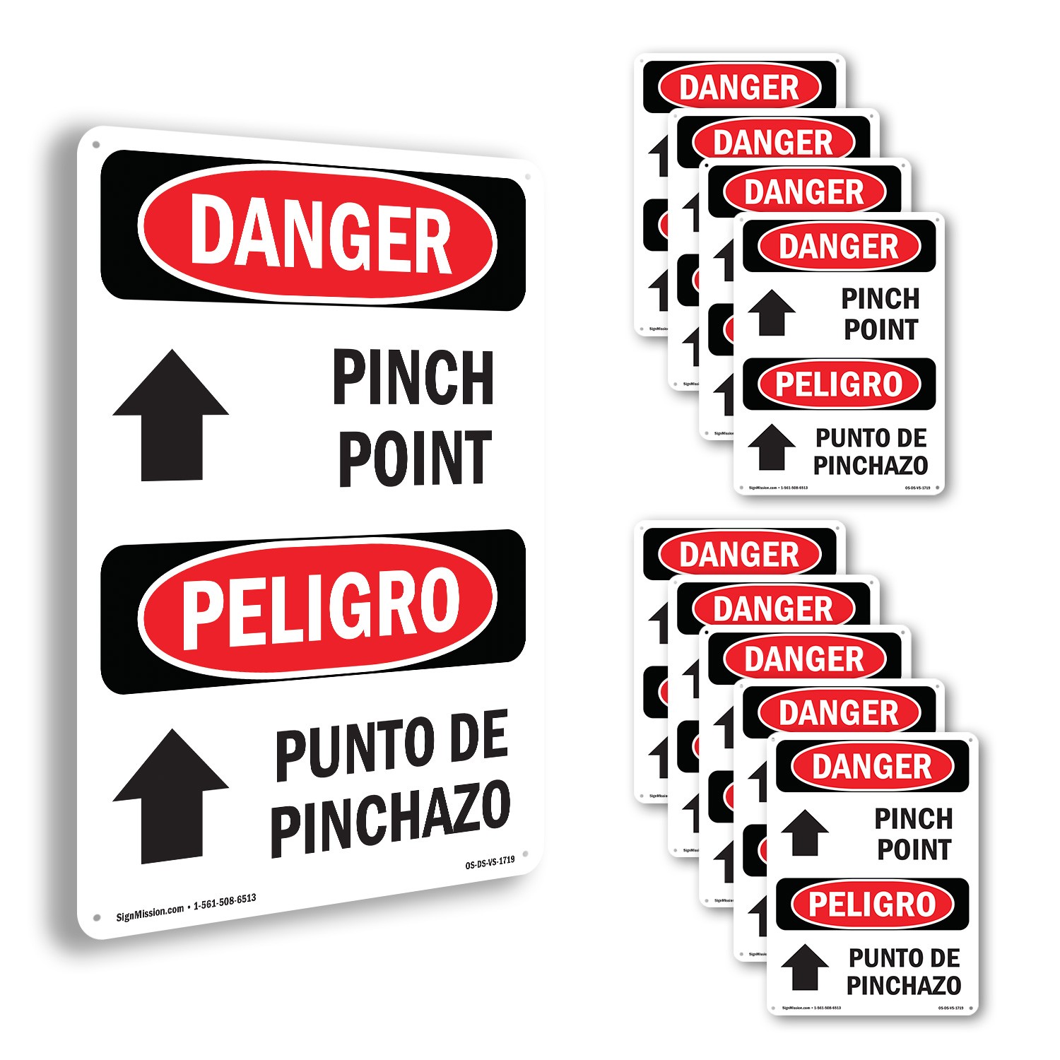 Pinch Point Bilingual OSHA Danger Sign Metal, Plastic, Or Decal – 5 or 10 Pack