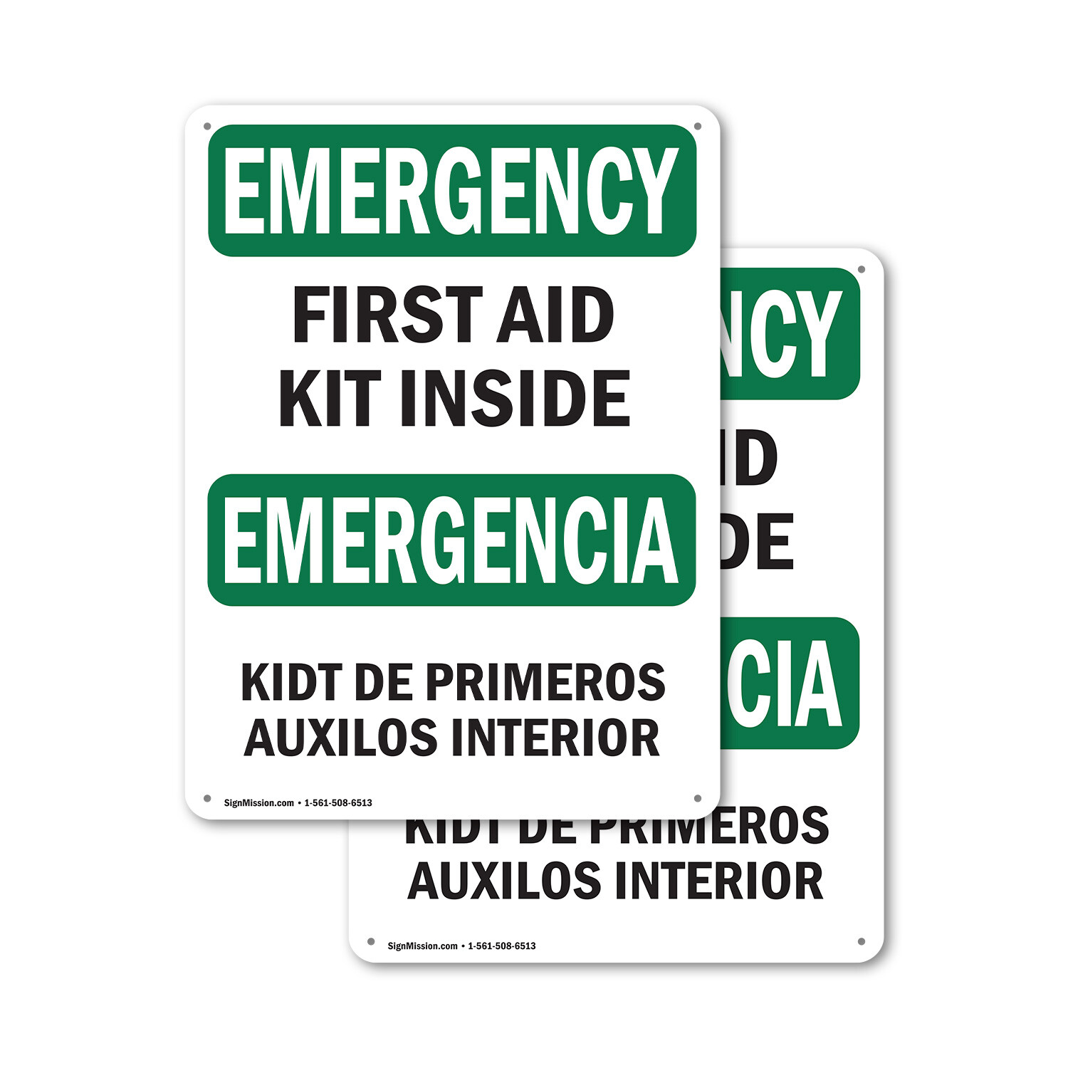 (2 Pack) First Aid Kit Inside Bilingual OSHA Emergency Sign Decal Metal Plastic