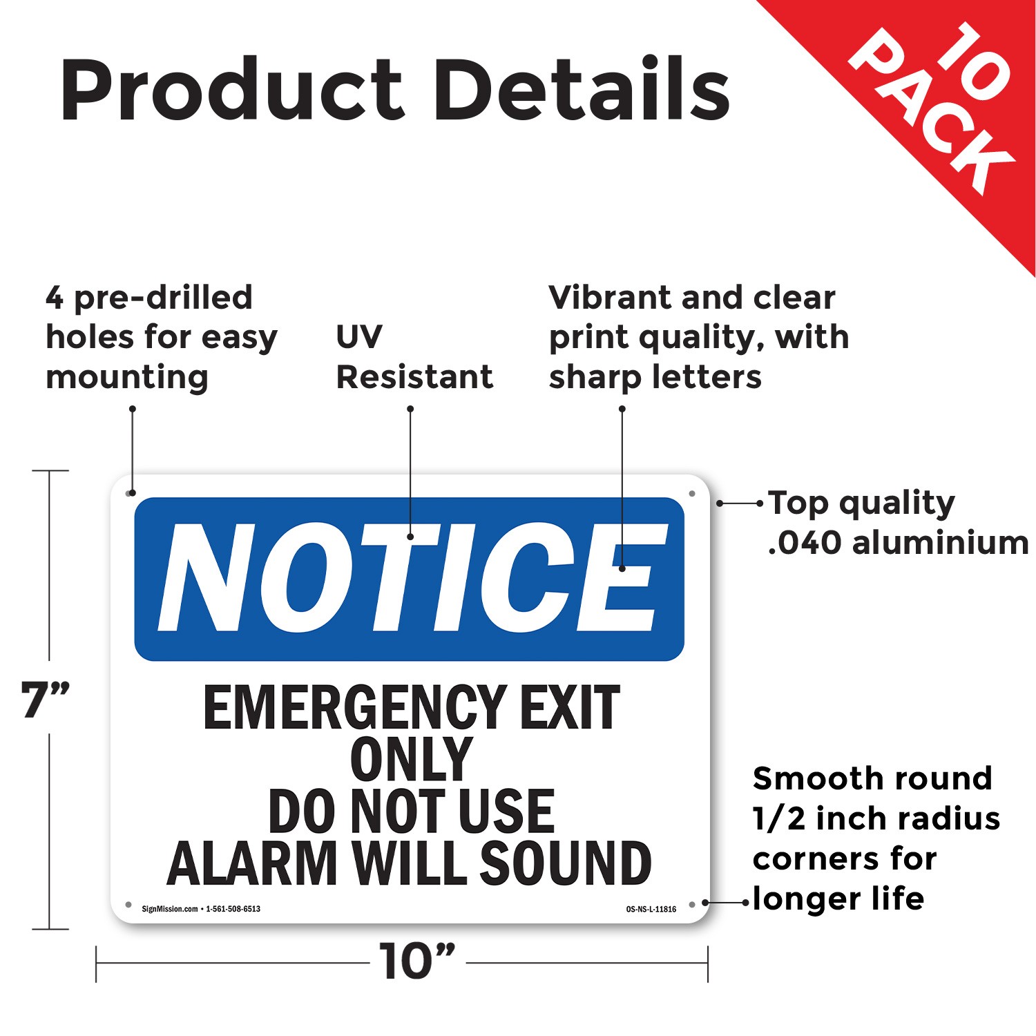 Emergency Exit Only Do Not Use Alarm Will Sound OSHA Notice Sign – 5 or 10 Pack
