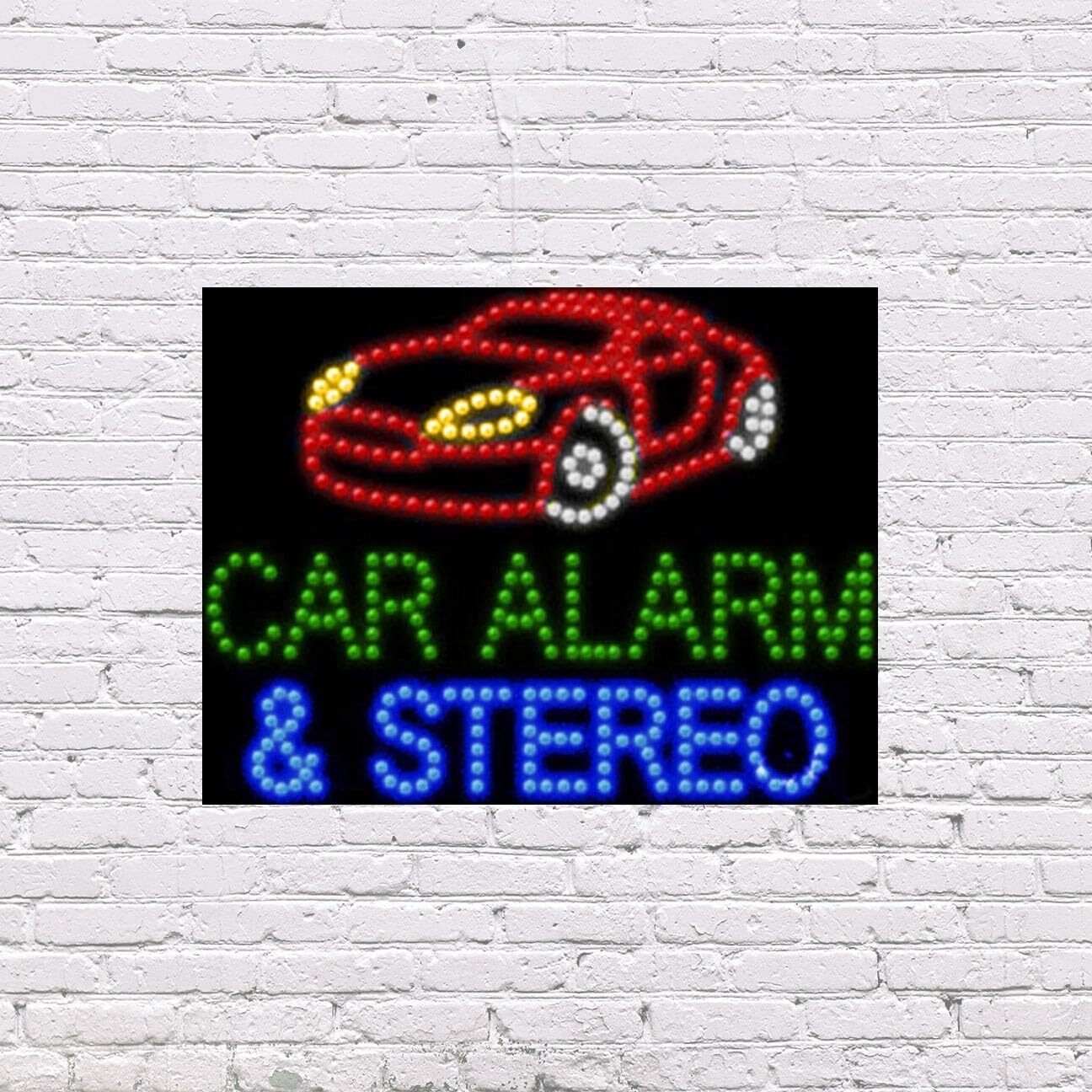 LED Car Alarm and Stereo Sign | Light Up Sign | 20″h x 26″w x 1″d