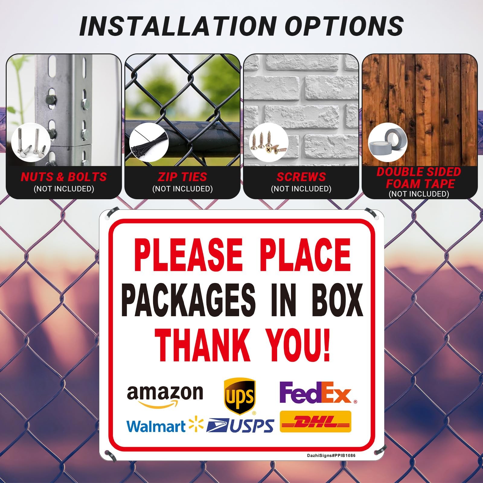 2Pack 10×8.6 Place Packages in Box Sign, Reflective Aluminum, UV Protected