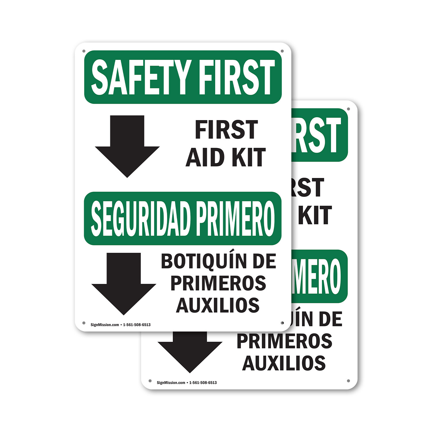 (2 Pack) First Aid Kit Bilingual OSHA Safety First Sign Decal Metal Plastic