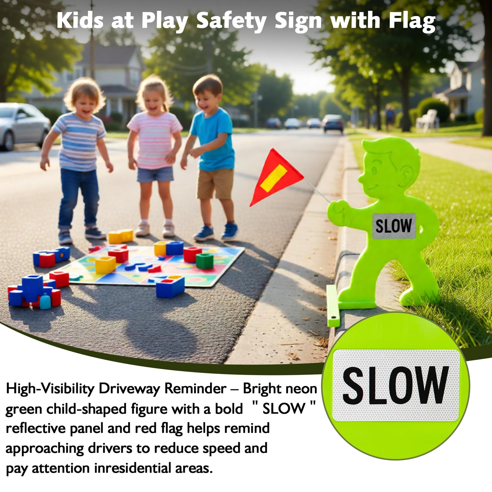 31 Inch Green Caution Kid Alert Slow Down Kids At Play Sign Reflective