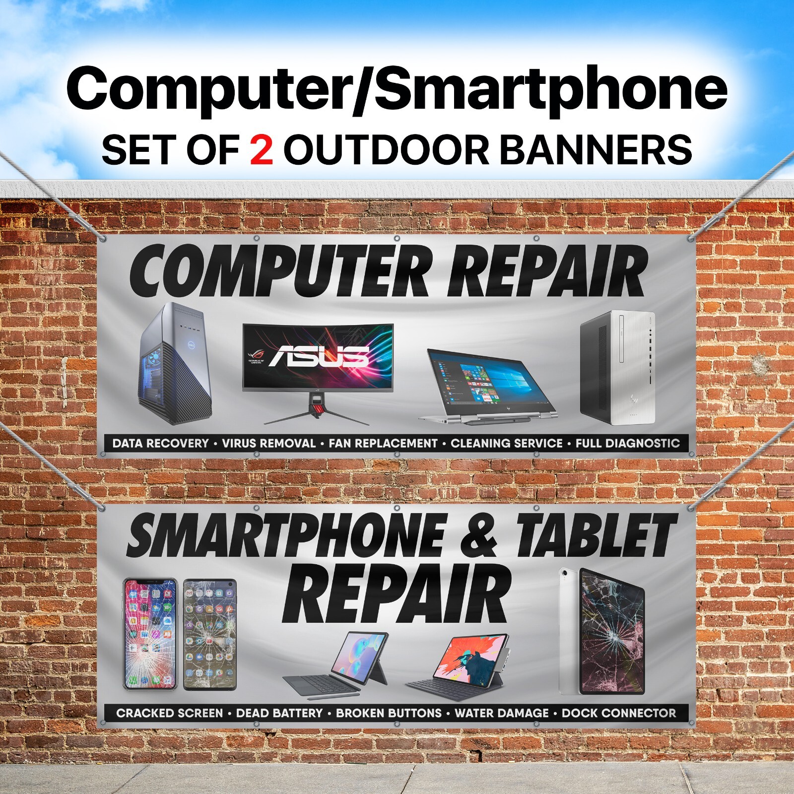 Computer Repair Banner Set Phone Tablet Repair Shop Sign 8×3 Vinyl (2 Banners)