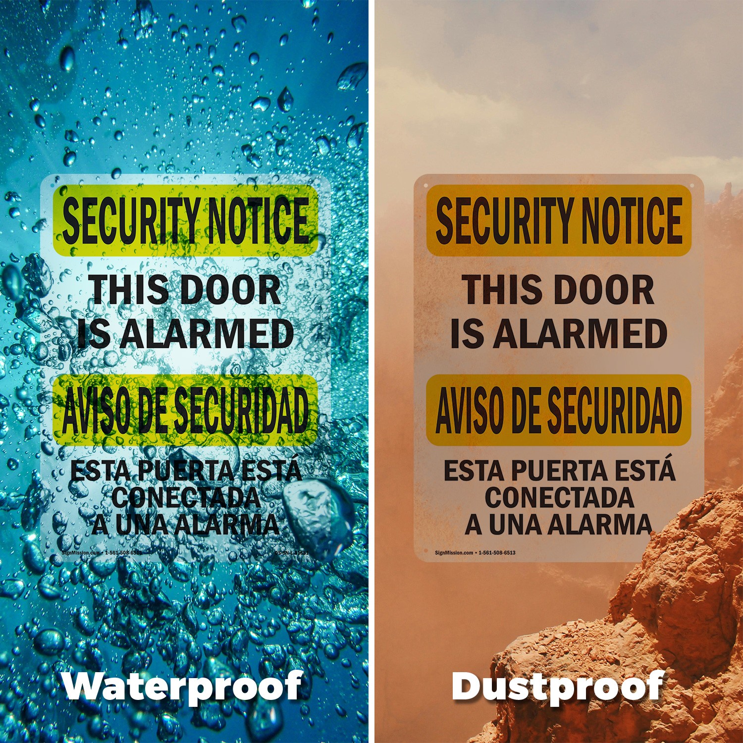 This Door Is Alarmed Bilingual OSHA Security Notice Sign Or Decal – 5 or 10 Pack