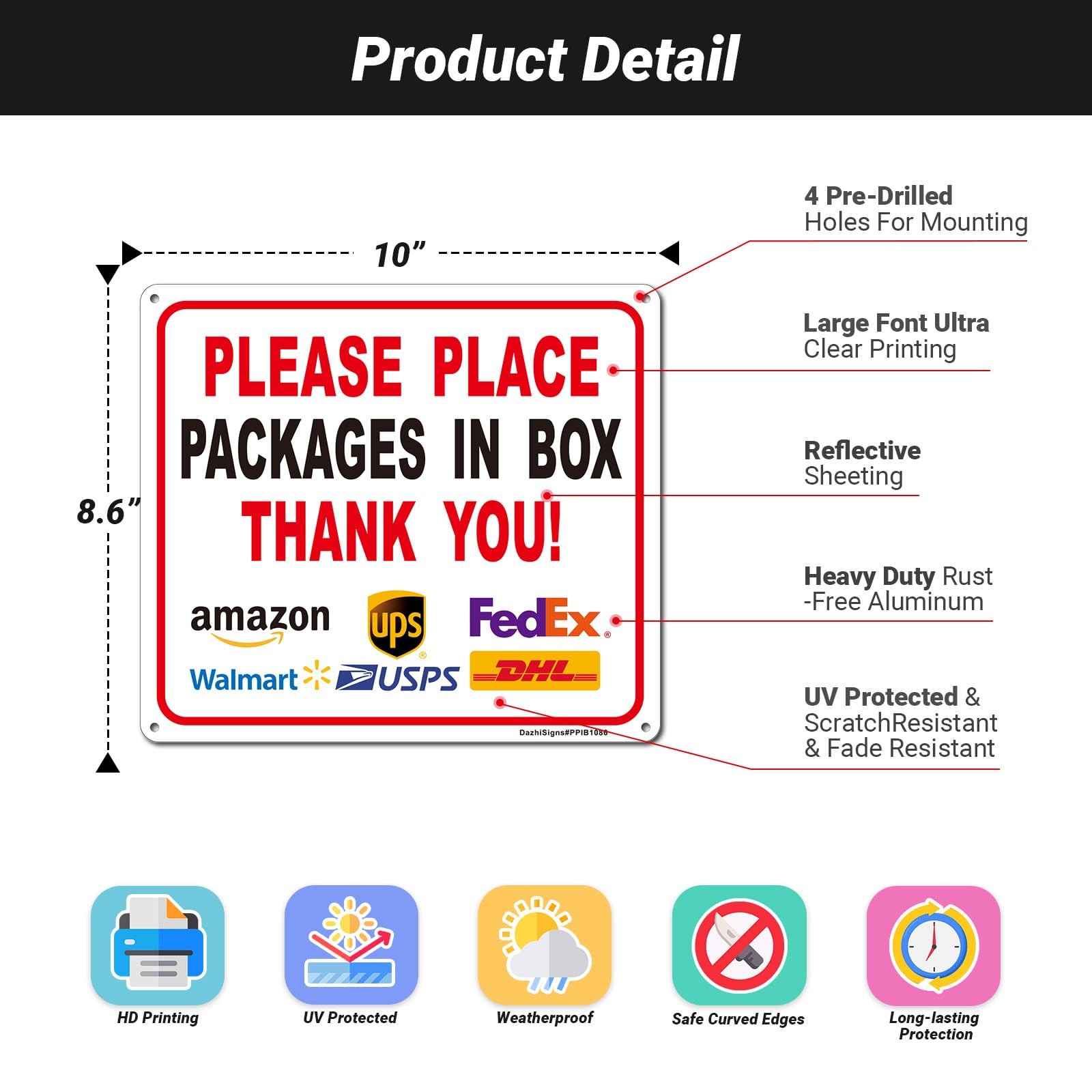 2Pack 10×8.6 Place Packages in Box Sign, Reflective Aluminum, UV Protected