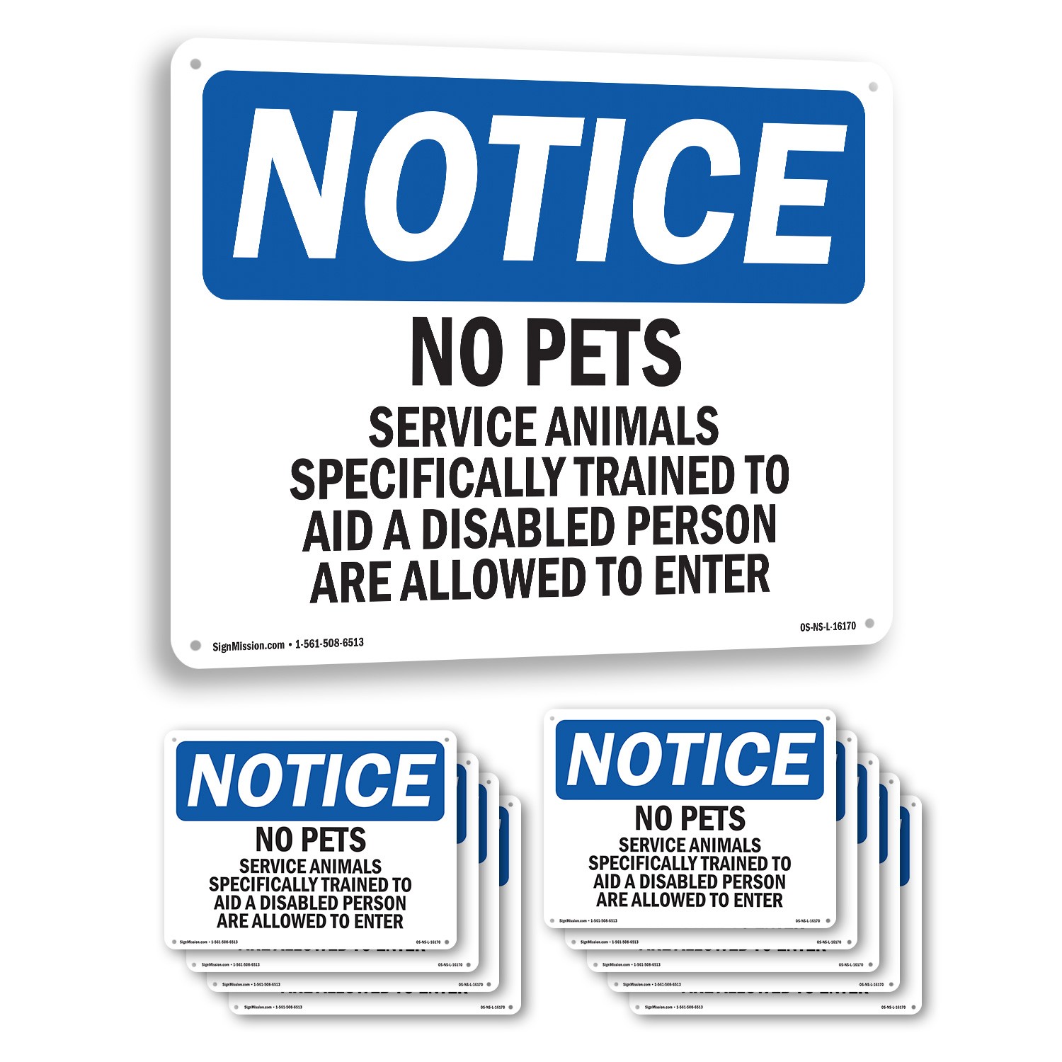 No Pets Service Animals Allowed OSHA Notice Sign Metal,, Decal 5 or 10 Pack
