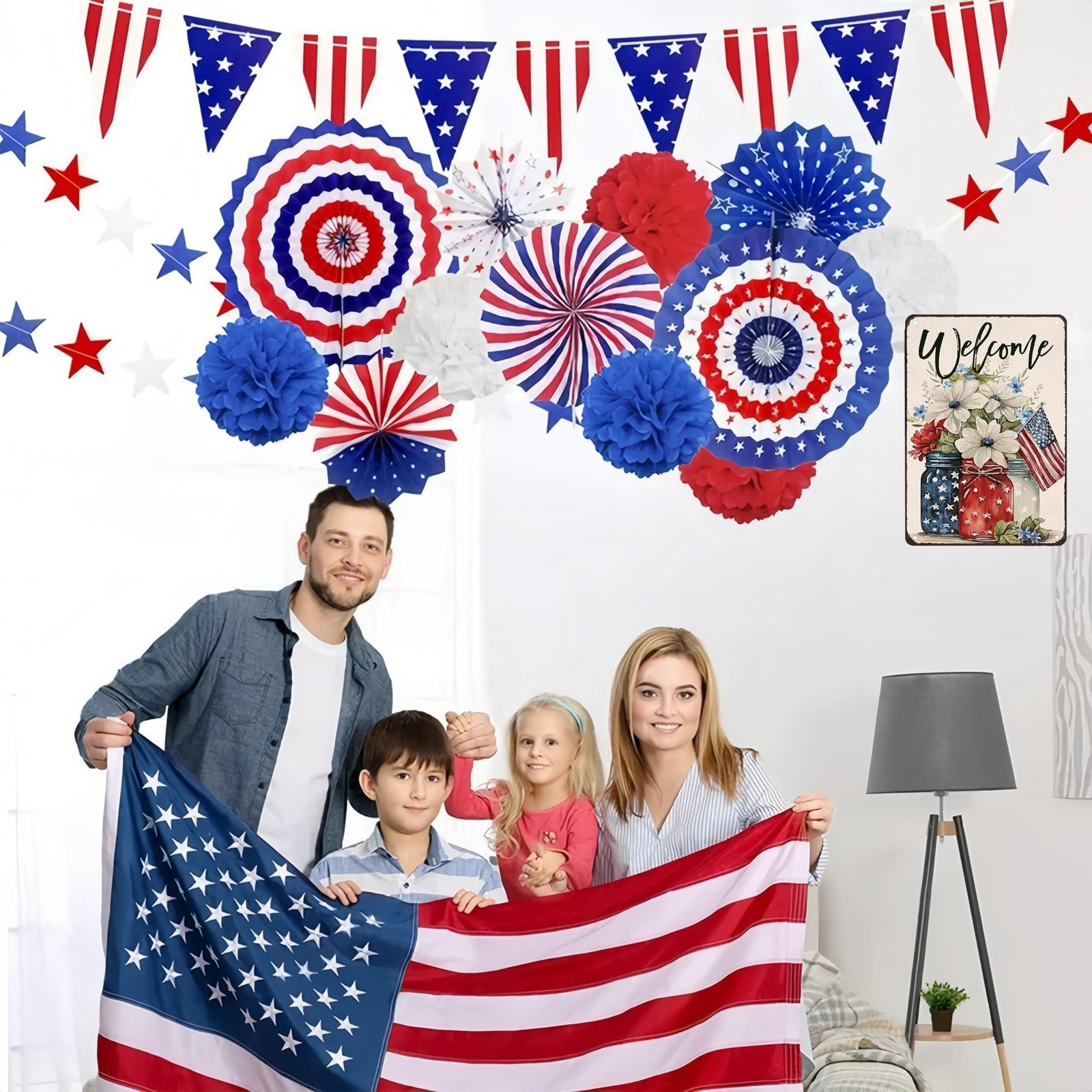 Smilelife Patriotic Floral Mason Jar USA Flag Welcome Tin Sign for Home Bedro…