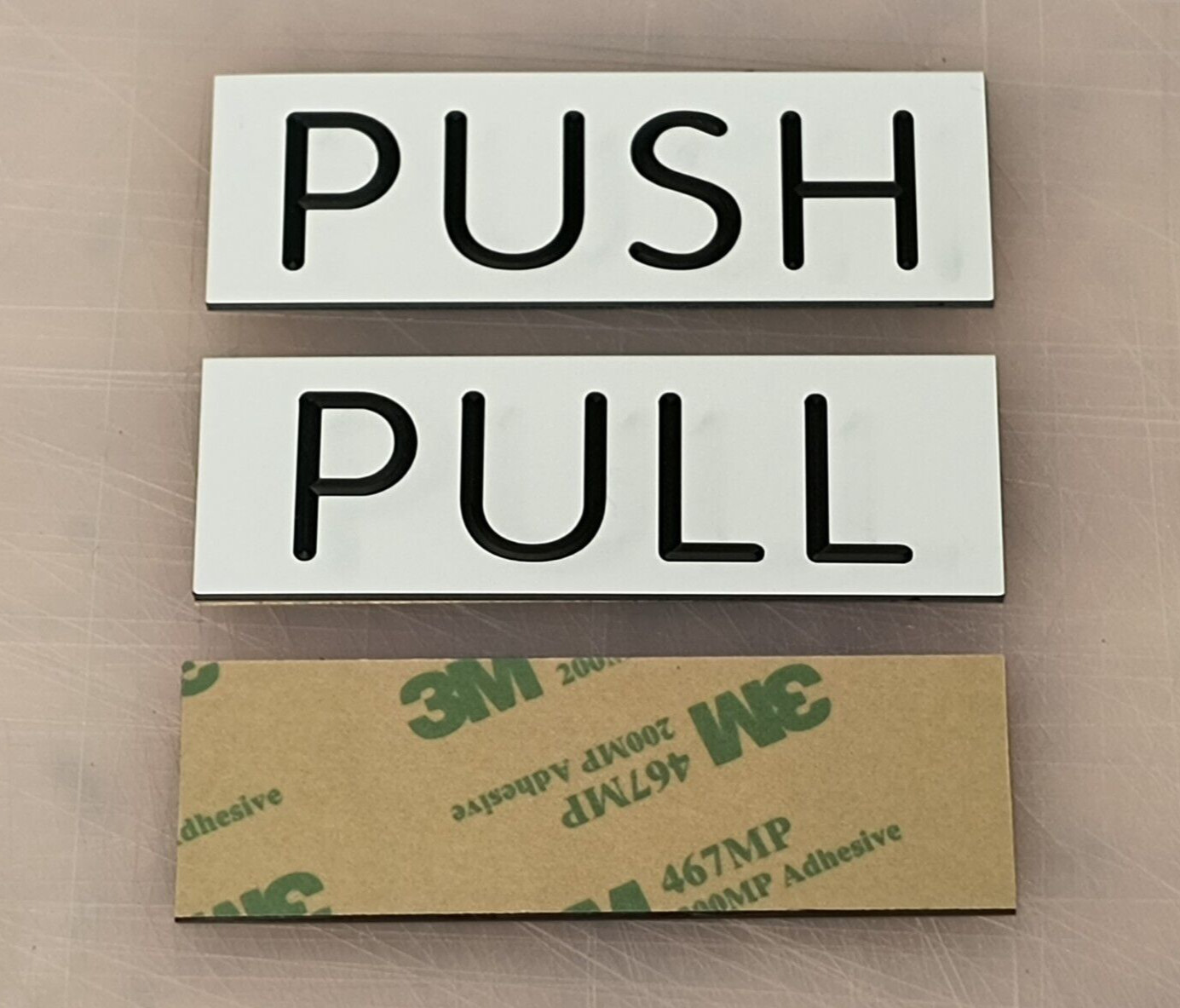 Engraved PUSH and PULL White 1×3 inch Glass Door Signs plaques w Adhesive Back