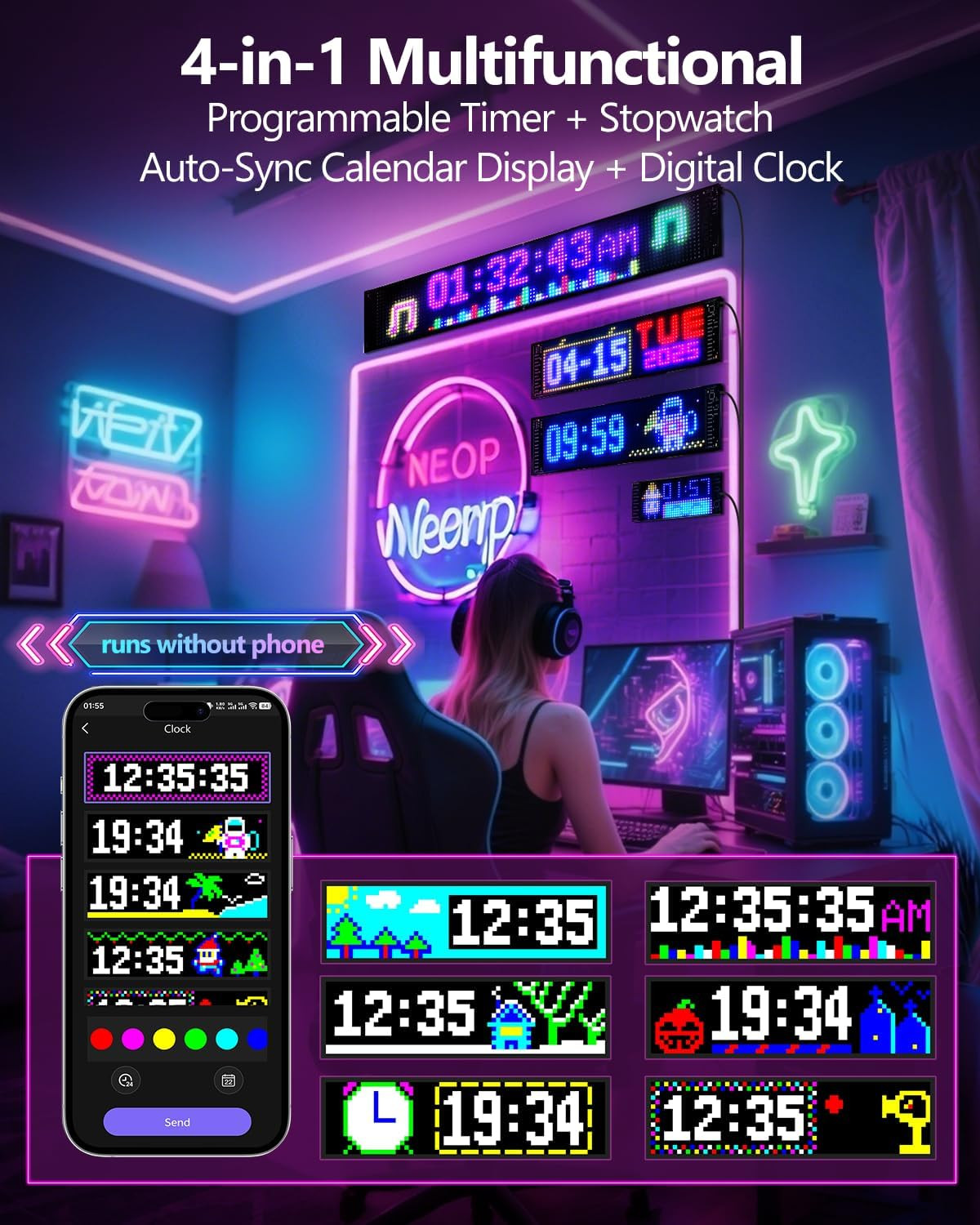 Upgrade Multifunctional Bright Led Sign – 15” X 4” [ Upgrade to All-In-One Featu