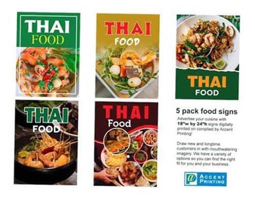 Thai Food | Full Color Window Display Signs | 18″W x 24″H | 5 Pack