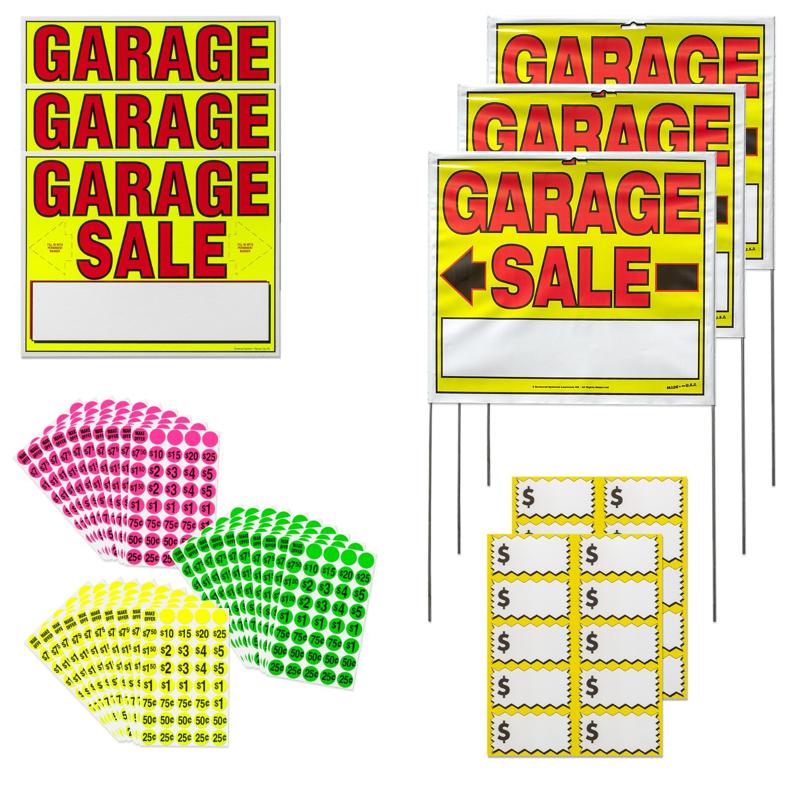 Deluxe Garage Sale Kit: 3 Yard signs, 3 Sm. signs, Lg. price labels & price tags