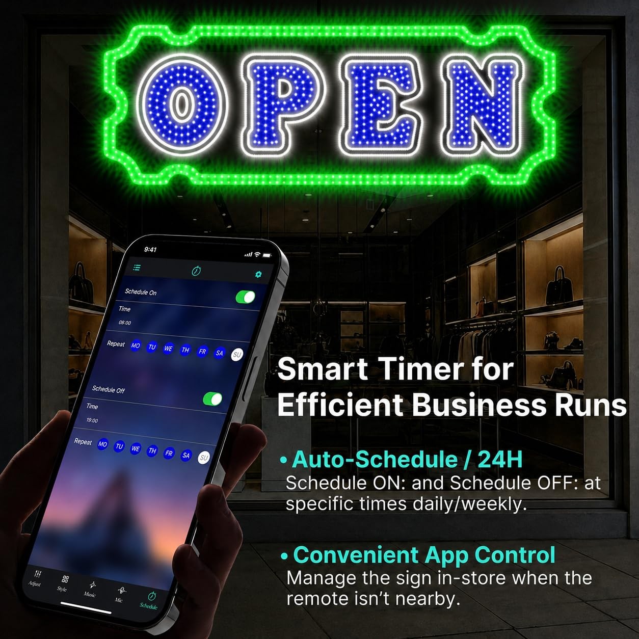 40″ LED Open Sign with Smart App Remote Control Timer for Business Use Digital