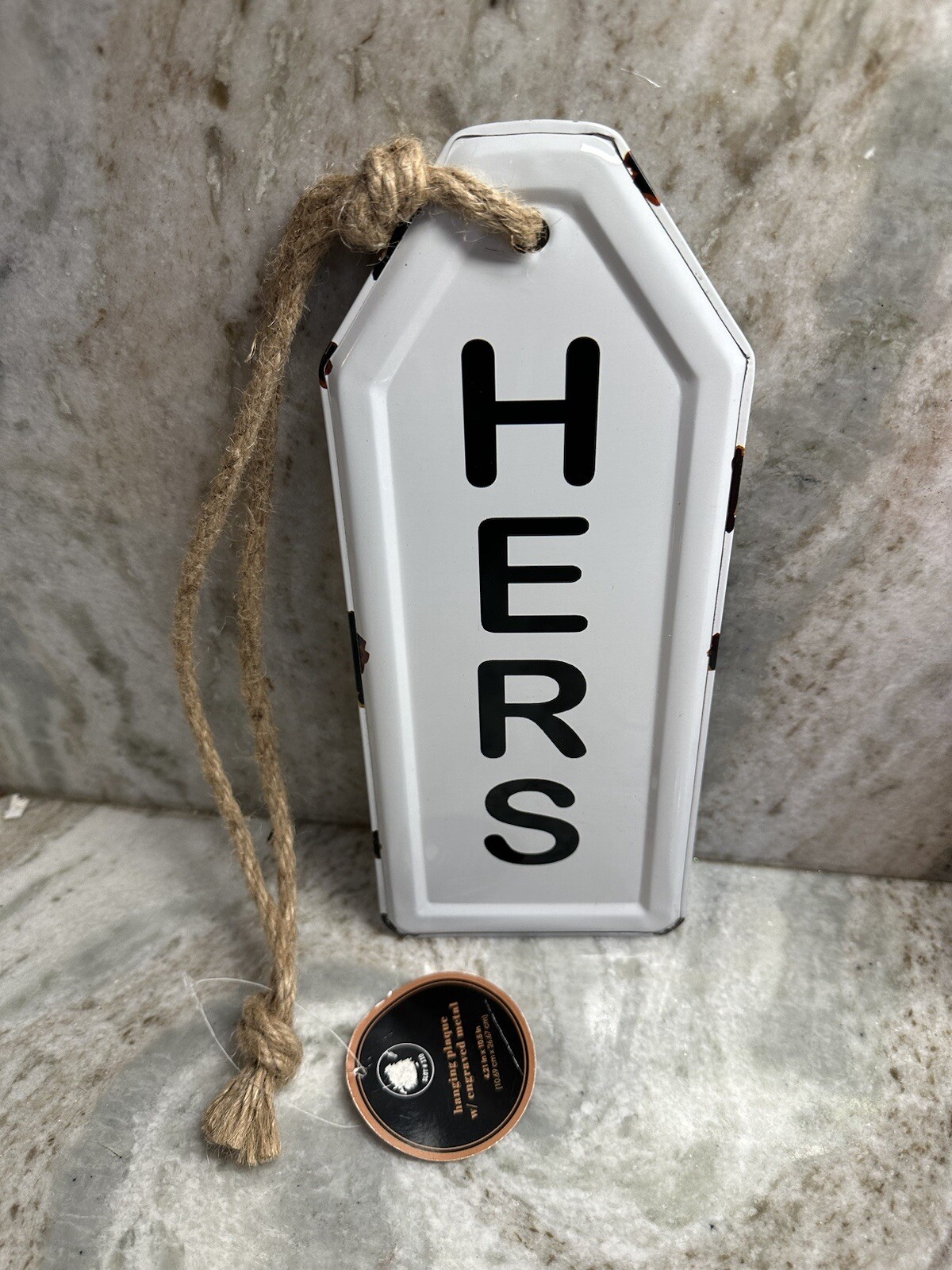 1 New His/Hers Vintage tyle Look Enamelware Hanging Door Sign Rope Distressed.