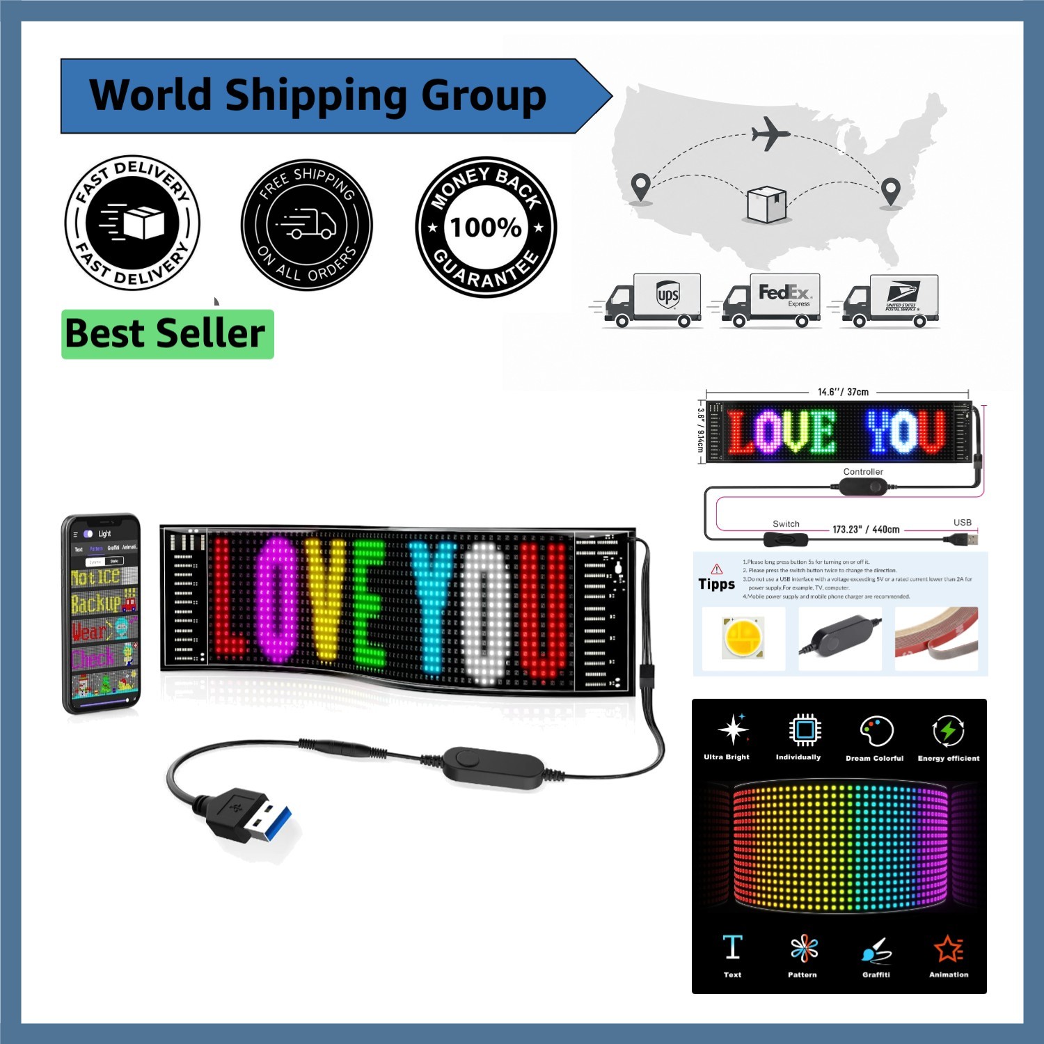 Bright Scrolling LED Sign with App Control 15”x4” – Perfect for Shops & Bars