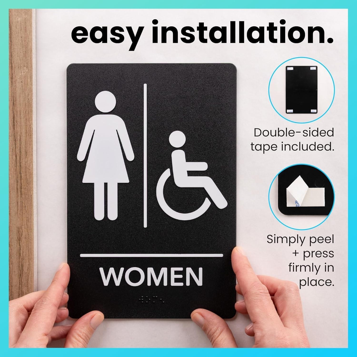 UNISEX Restroom Signs Business-ADA Compliant BRAILLE Bathroom w/2-SIDE TAPE 16z