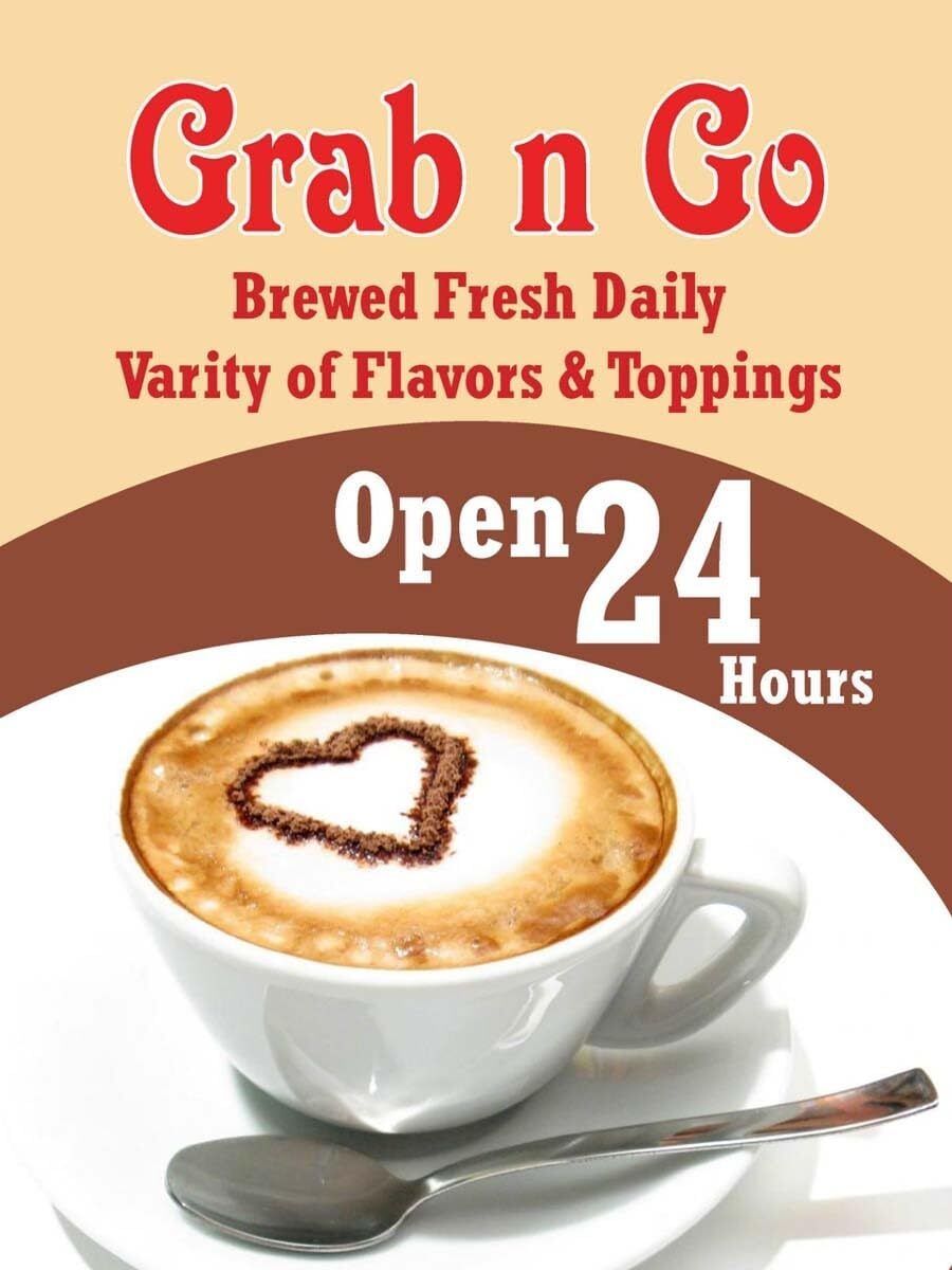 Grab N Go Brewed Fresh Daily | Retail Window Display Sign | 18″W x 24″H