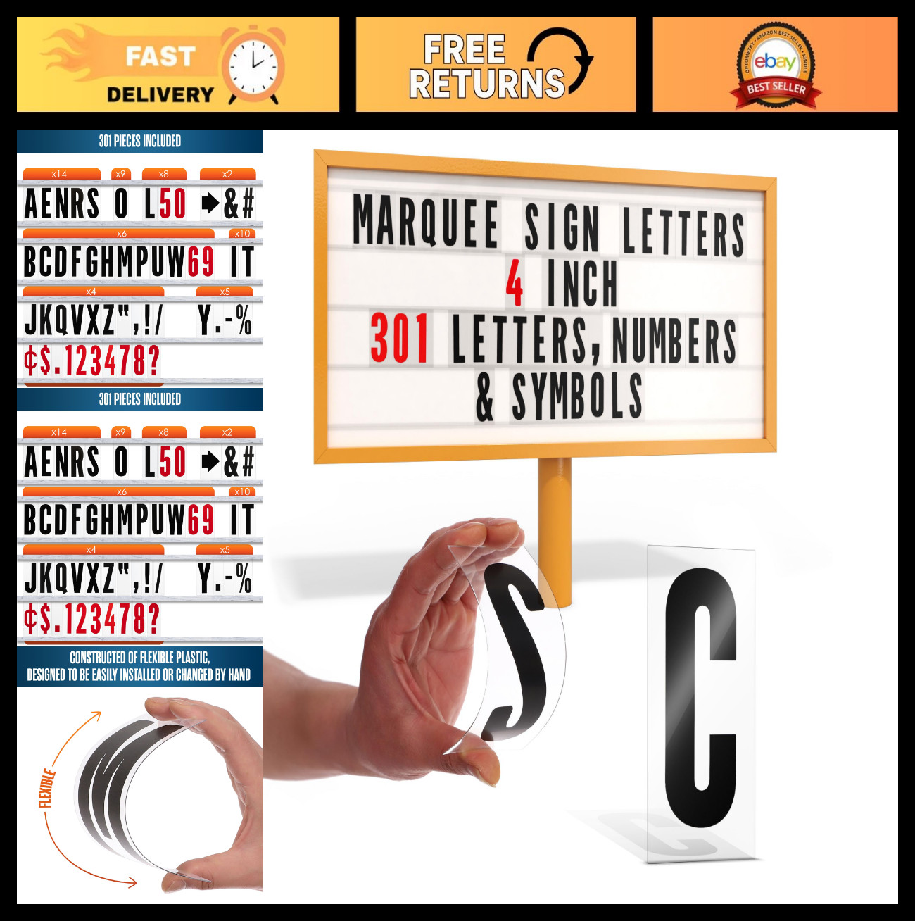 Changeable Marquee Letters for Outdoor Signs, 4″ Characters, 301 PC Set, Plastic