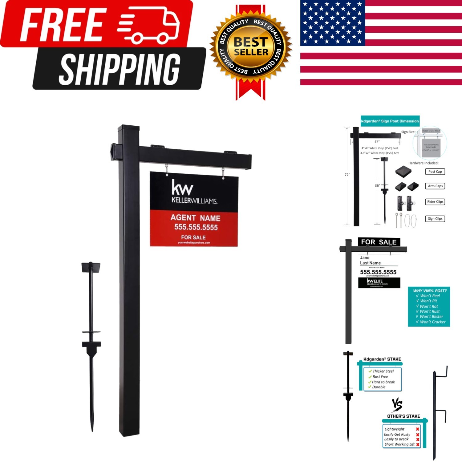 Vinyl PVC 6-Feet Black Real Estate Sign Post with Flat Cap, Realtor Yard Sign…
