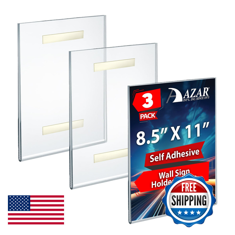Azar Displays 122021-3Pk Adhesive Clear Acrylic Wall Sign Holder Vertical 8.5 X