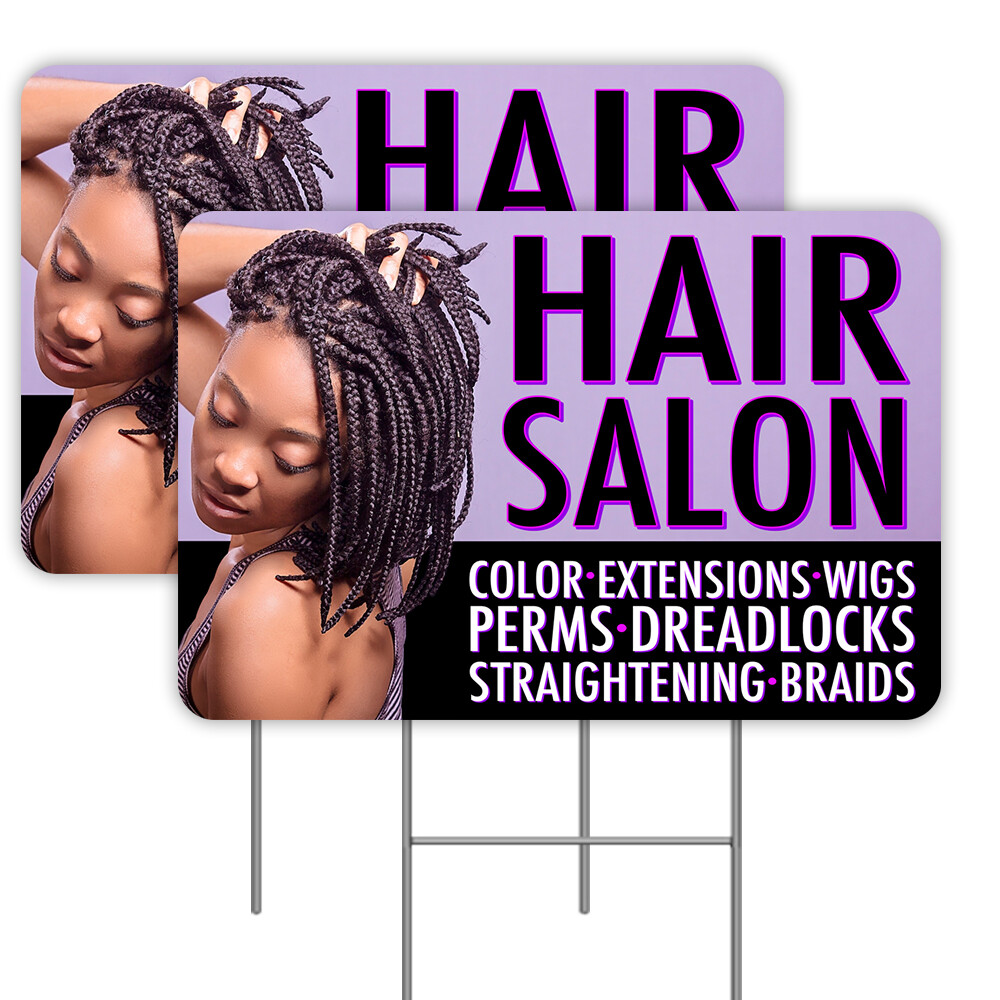 Hair Salon 2 Pack Double-Sided Yard Signs 16″ x 24″ with Metal Stakes (Made in T