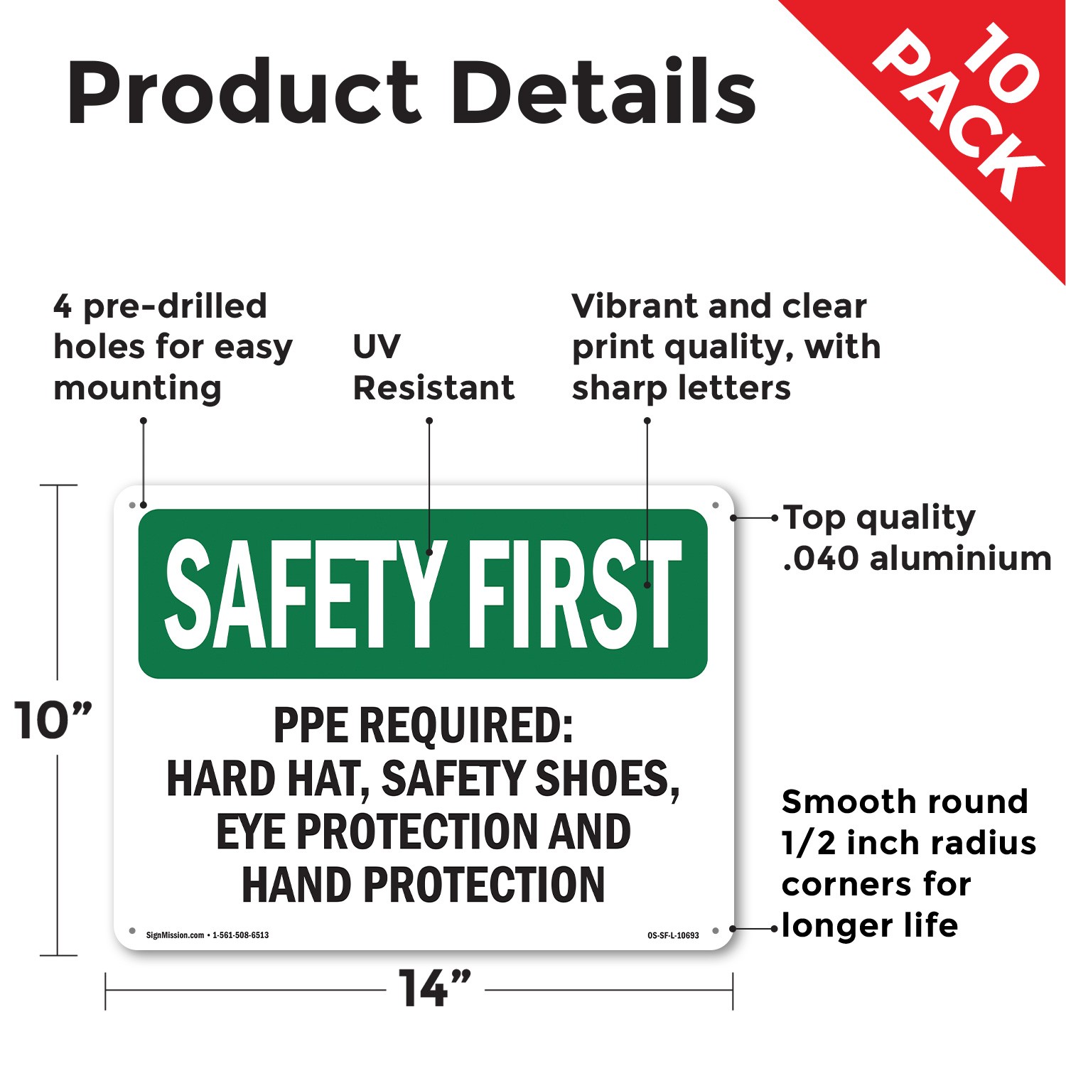 PPE Required OSHA SAFETY FIRST Sign Metal, Plastic, Or Decal – 5 or 10 Pack