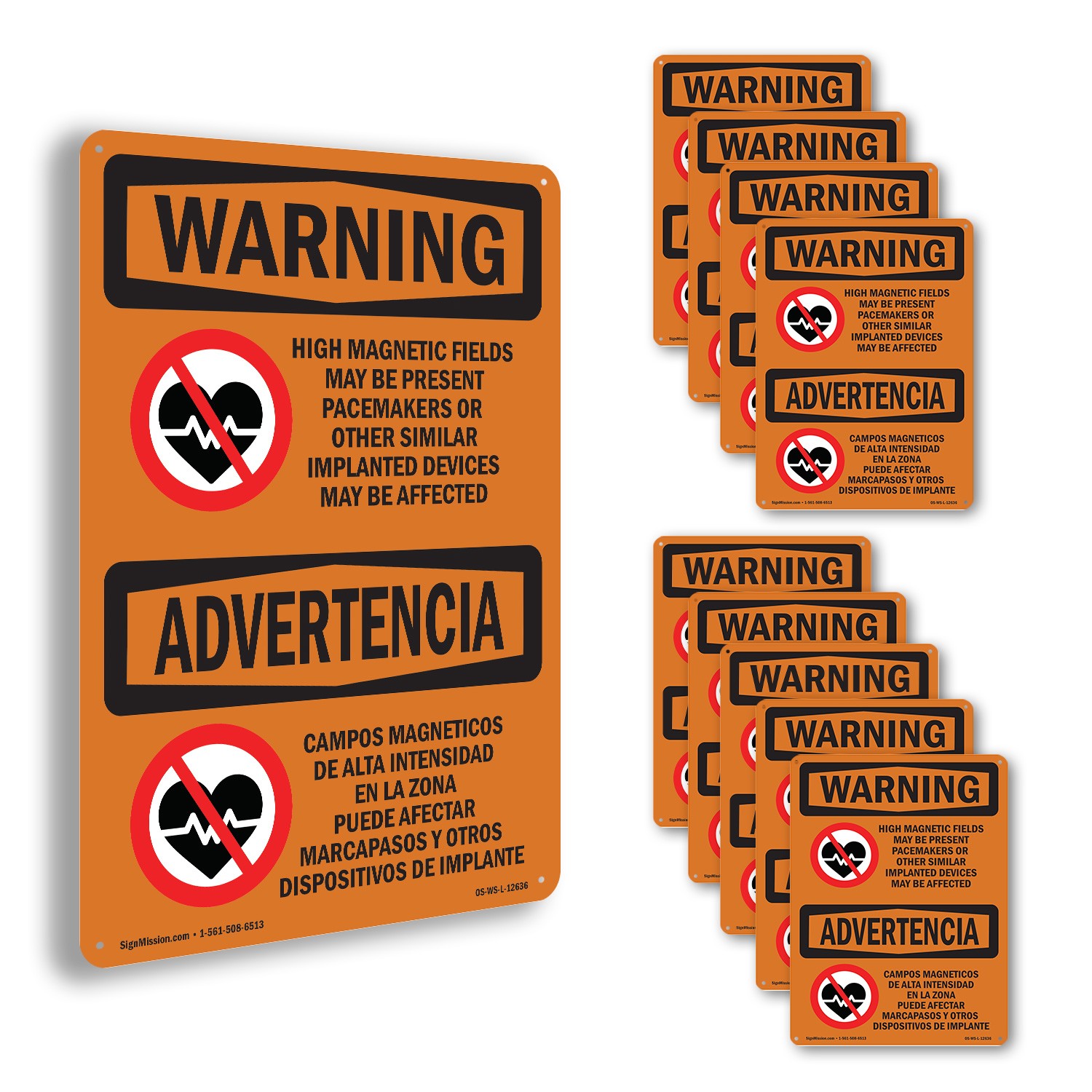High Magnetic Fields Pacemakers Bilingual OSHA WARNING Sign, Decal 5 or 10 Pack
