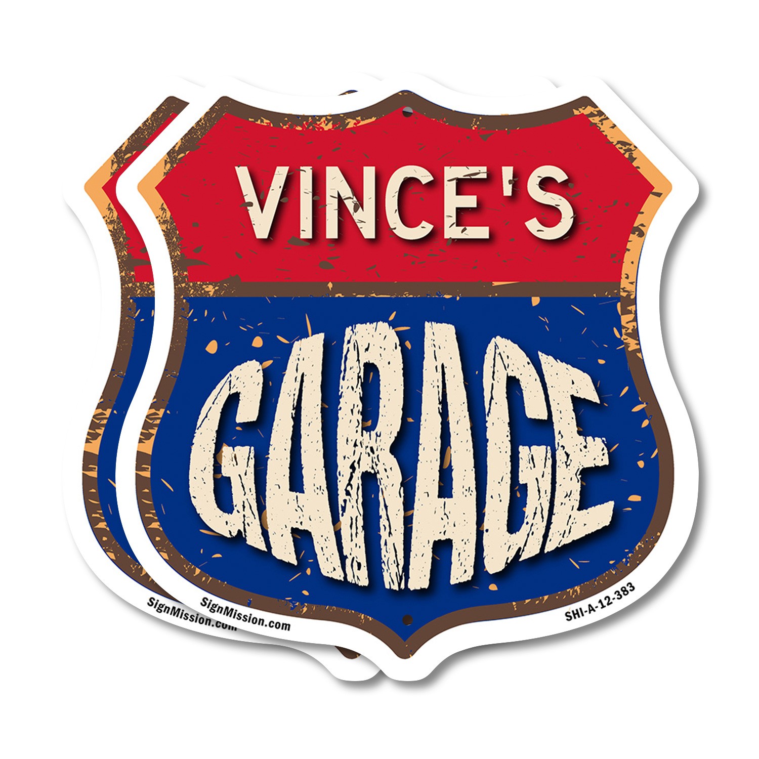 Vince’s Garage Shield Shaped Sign Weather Resistant Crafted in the USA