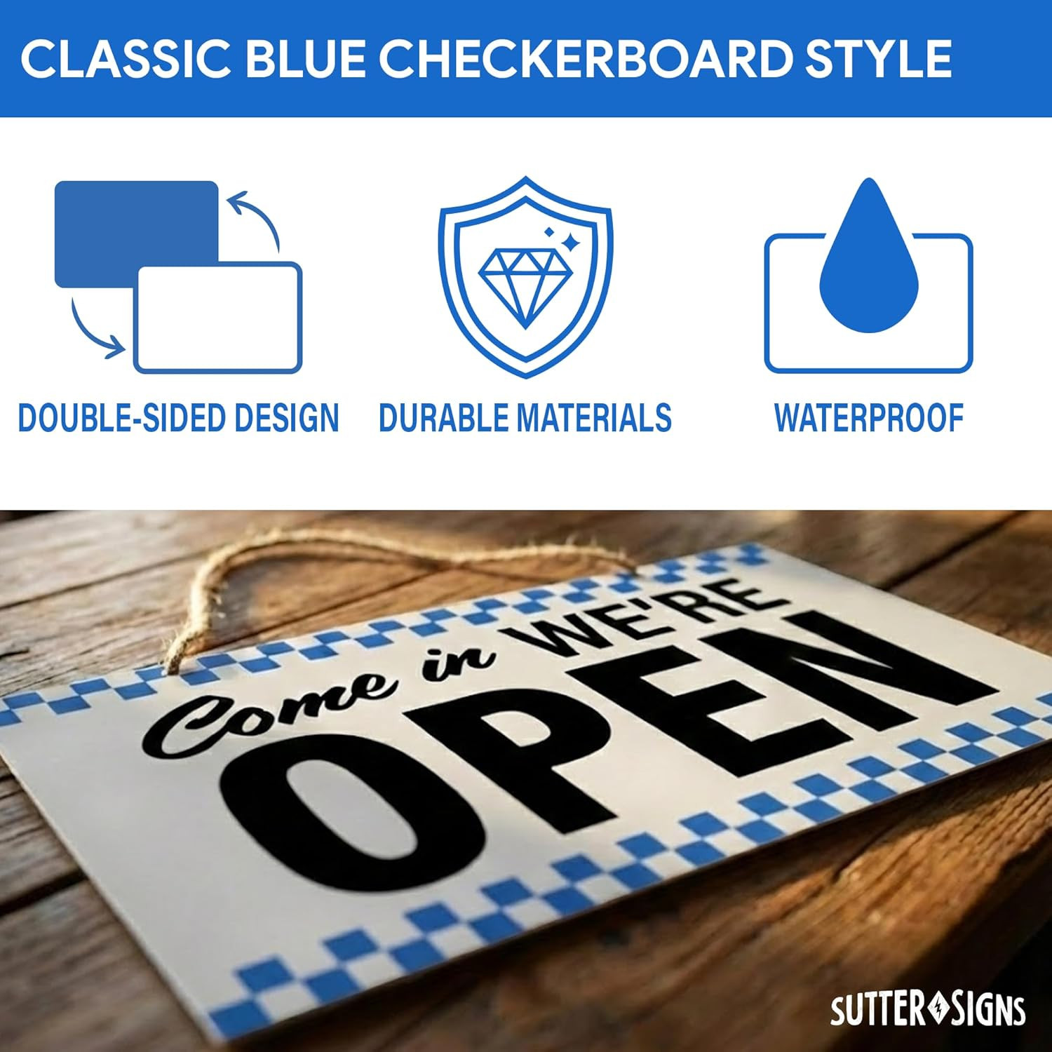 Open Closed Sign for Business, 10″ X 6″ Double Sided Plastic Sign with Twine, Su