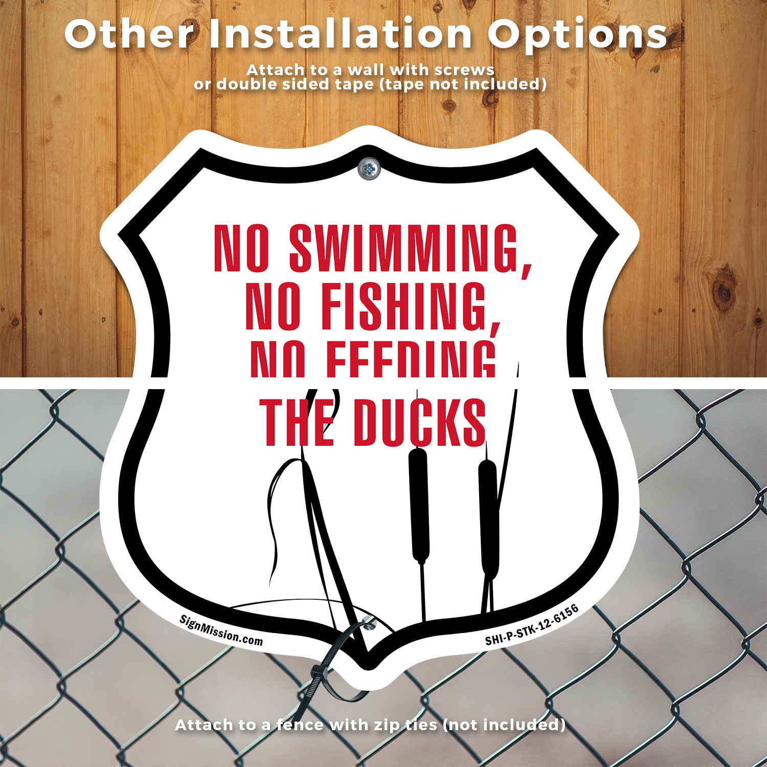 No Swimming No Fishing No Feeding The Ducks Shield Shaped Sign With Stake