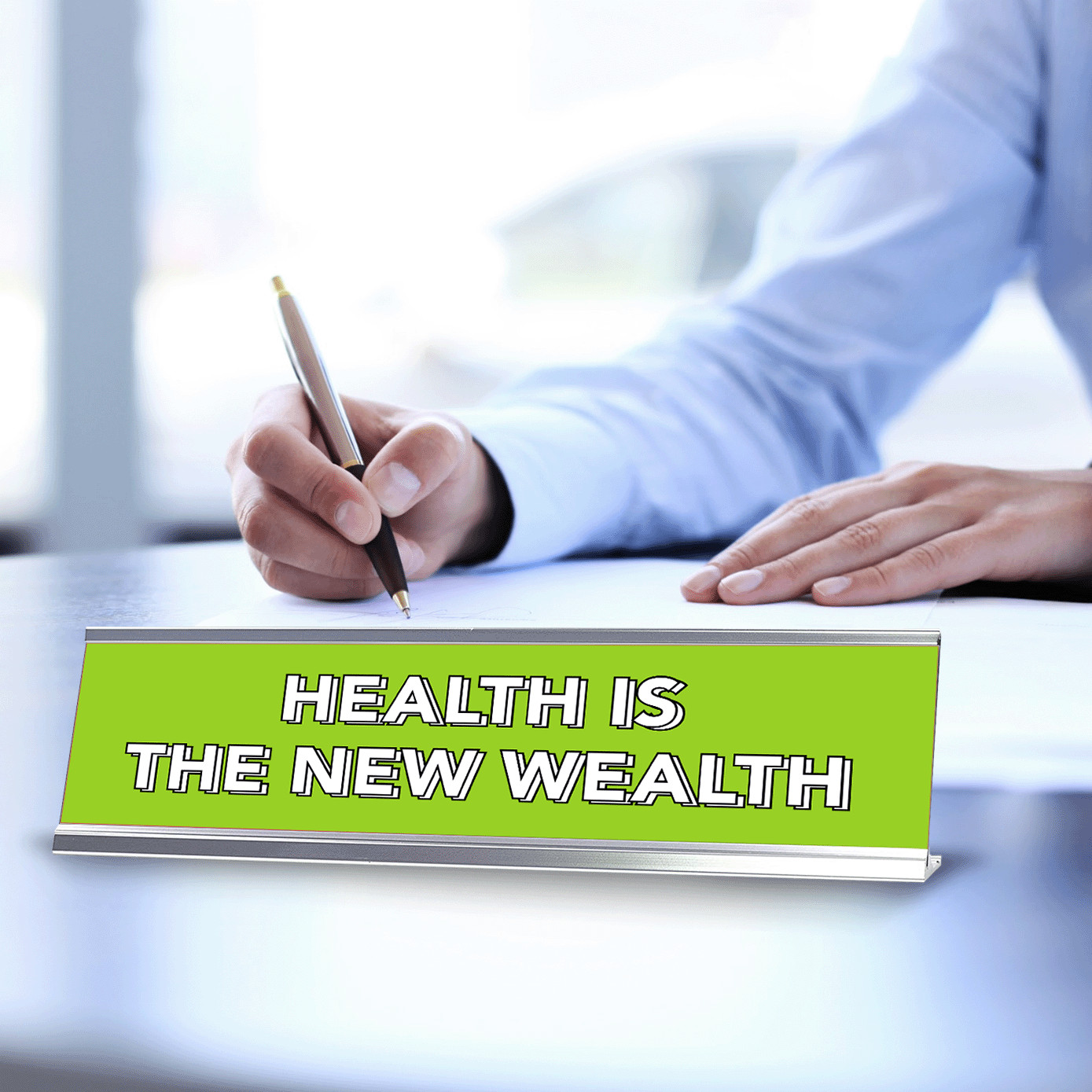 Health Is the New Wealth 2 x 10″ Desk Sign | Inspirational Quotes Workspace