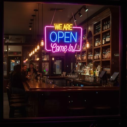 LED Open Sign for Business – Dimmable Neon Light, 16.5″x13″, Pink/Blue/Yellow, P