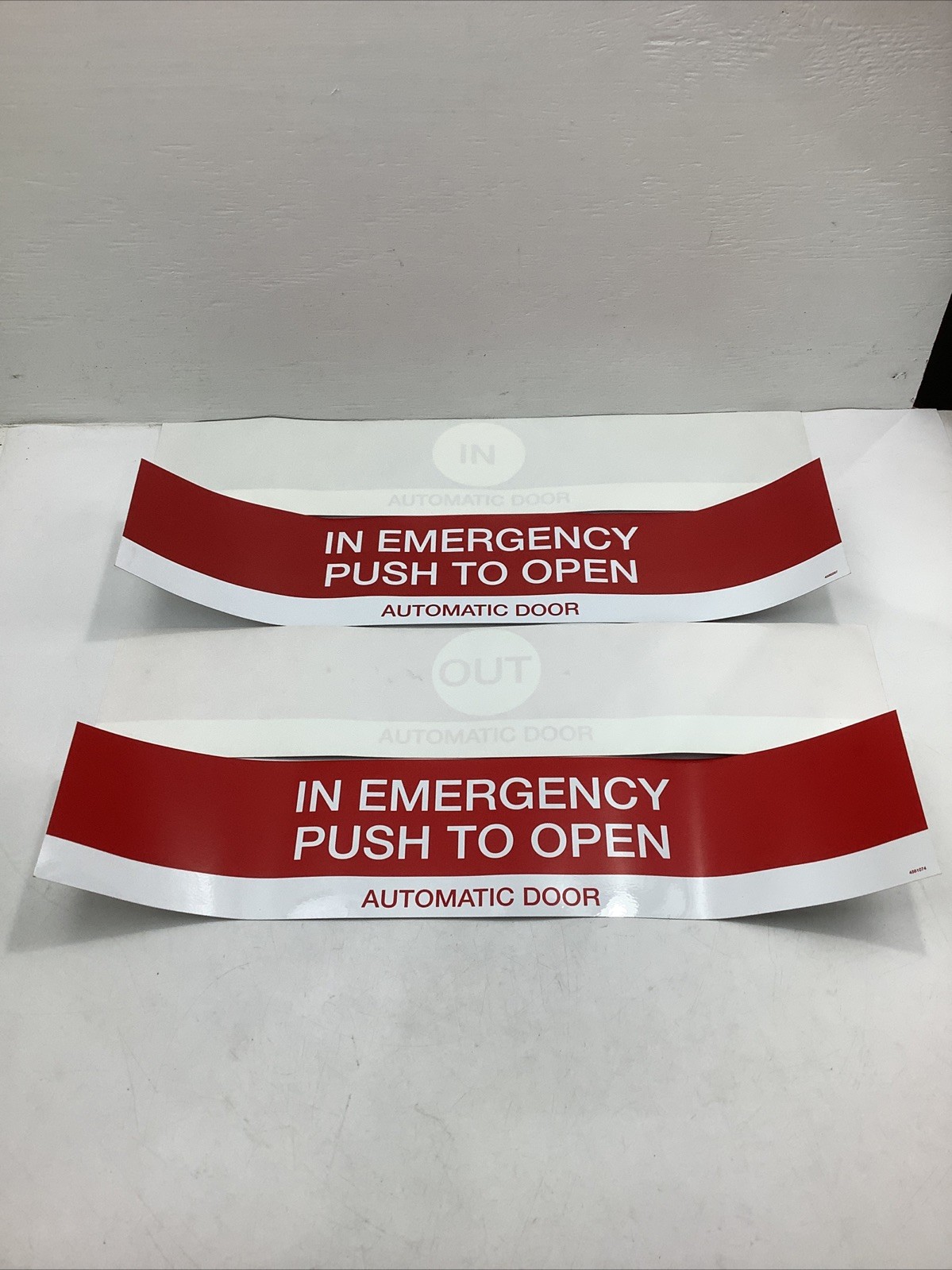 x13 In & Out Decals “IN EMERGENCY PUSH TO OPEN” AUTOMATIC DOOR 27″ x 5-5/8″