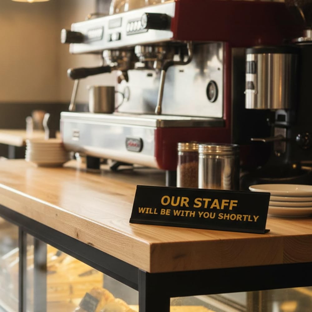 2×8 Inch Our Staff Will Be With You Shortly Sign Black Frame Desk Counter Tag