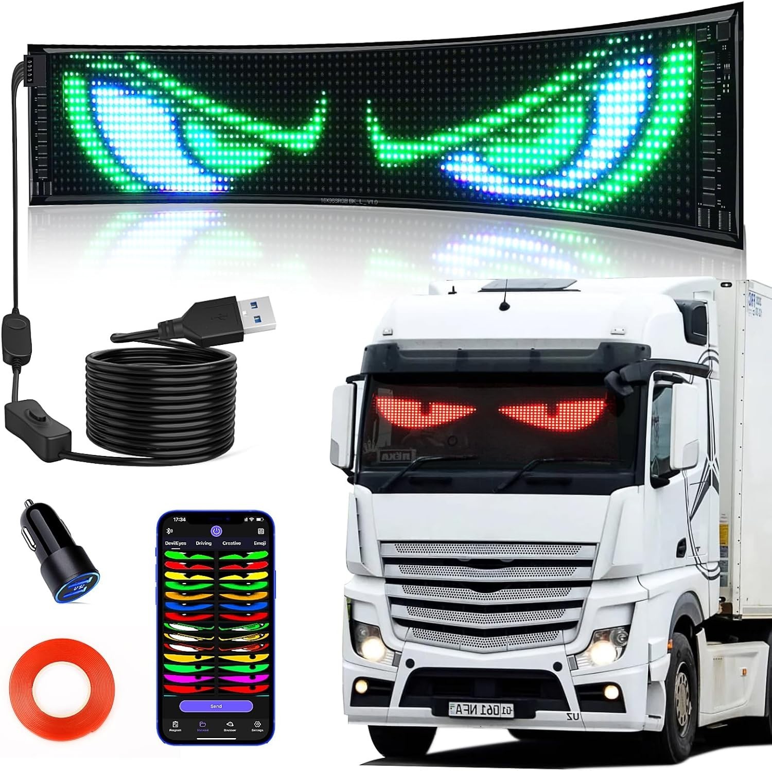 23″x5″ Devil Eyes LED Car Sign – Bluetooth Control Custom Messages & Animations