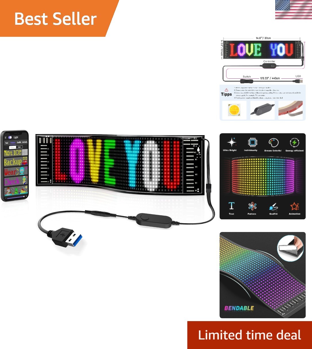 Flexible Programmable LED Car Sign 15”x4” with App Control for Businesses