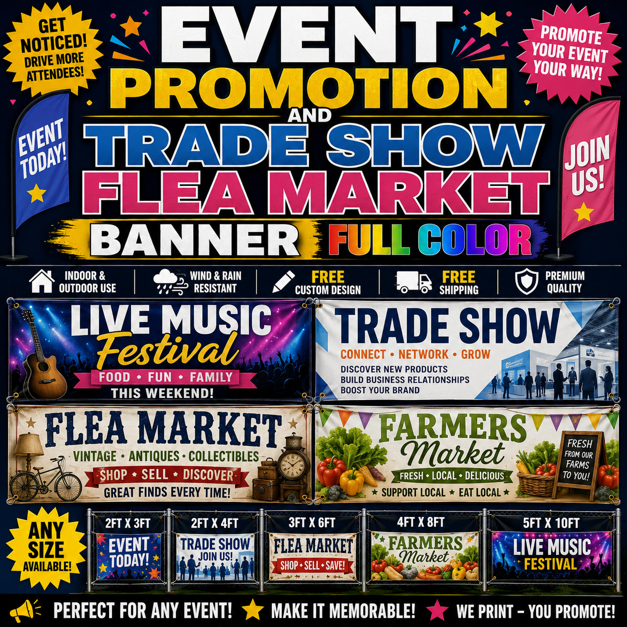 FULL COLOR BANNER INDOOR OUTDOOR USE EVENT PROMOTION – TRADE SHOW – FLEA MARKET