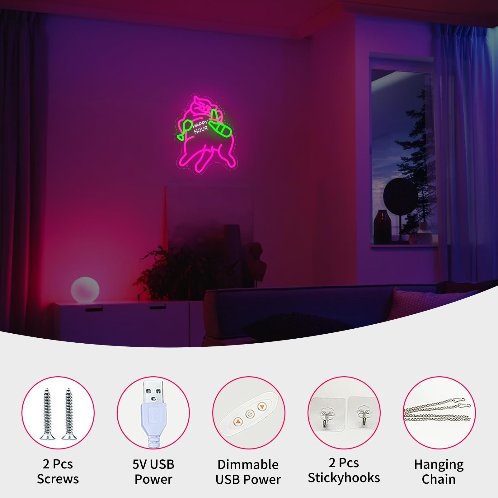 Happy Hour Pink Cat Neon Sign for Wall Decor Light Up Letters Business Led Si…